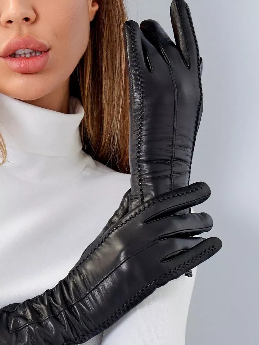 Black leather gloves for women, long winter touchscreen gloves lined with wool, warm and elegant accessories, Guiseppa model