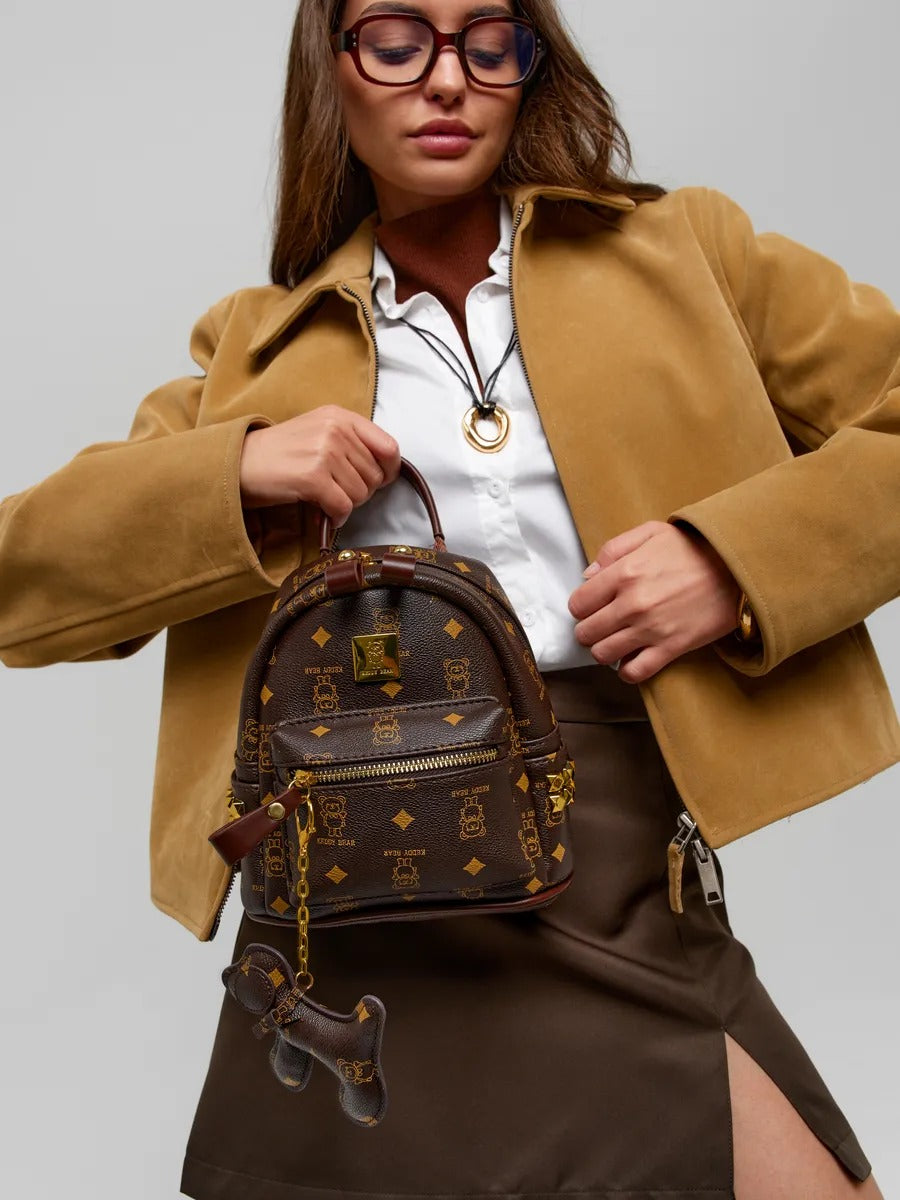 Mini brown women's backpack, printed bear "Teddy Bear" backpack, portable fashion bag, trendy city bag, luxury look bag, Louisa model