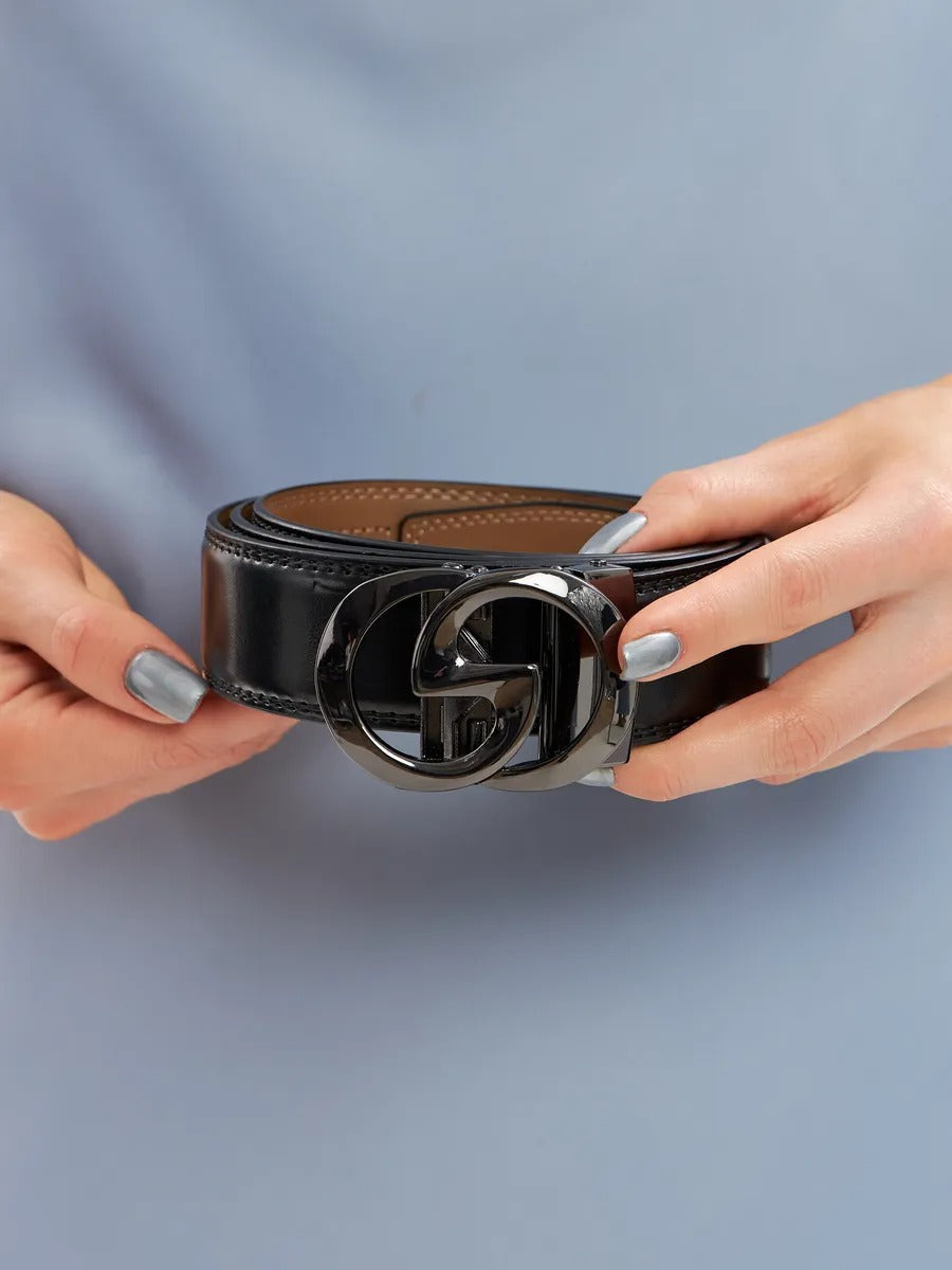 Women's leather belt, automatic metal buckle, double G buckle, 3.5 cm width, classic modern style, Gala model
