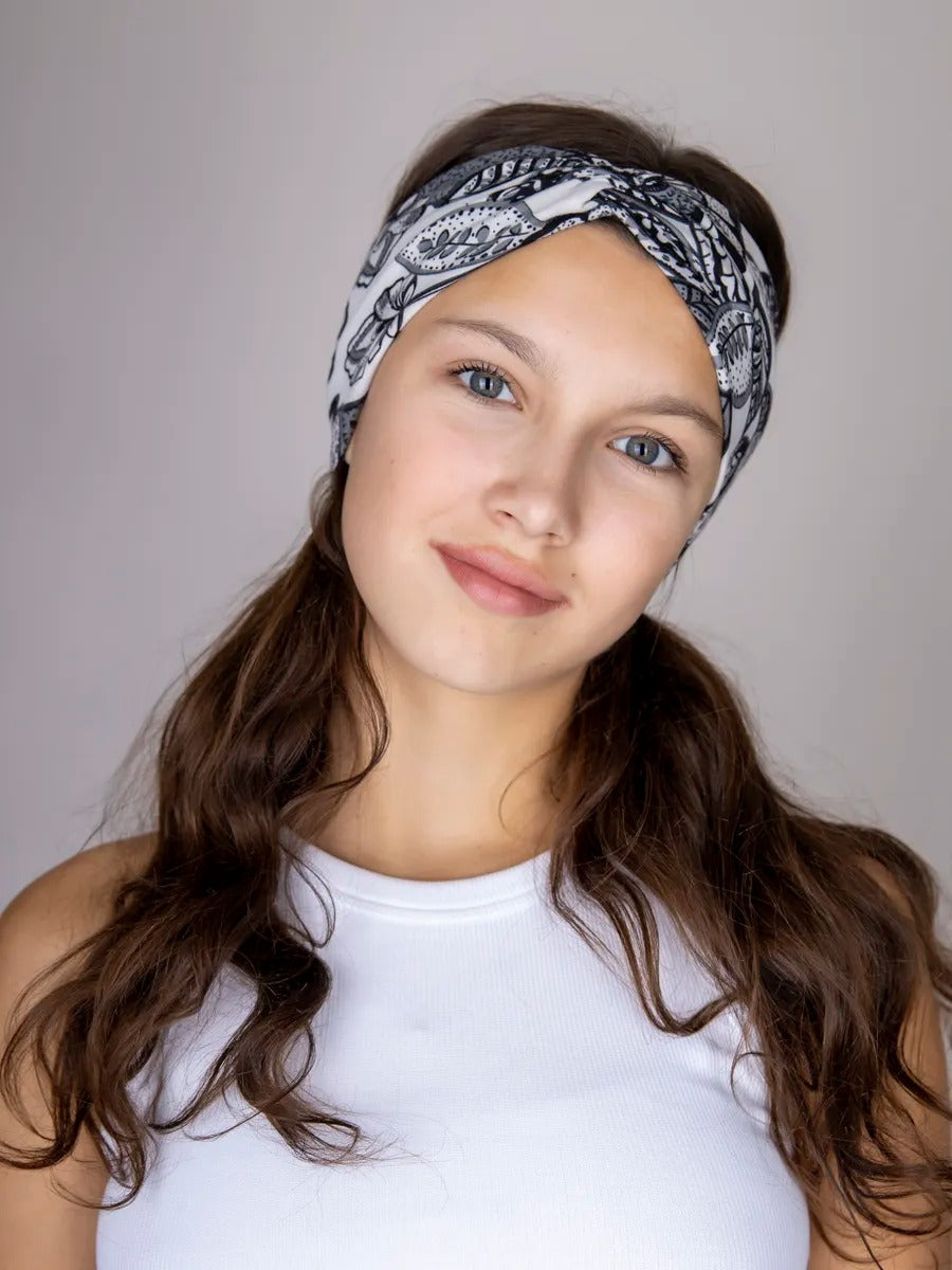 Bandeau cheveux femme, large, extensible, imprimé floral noir et blanc, yoga, sport, maquillage, coiffure, modèle Alola