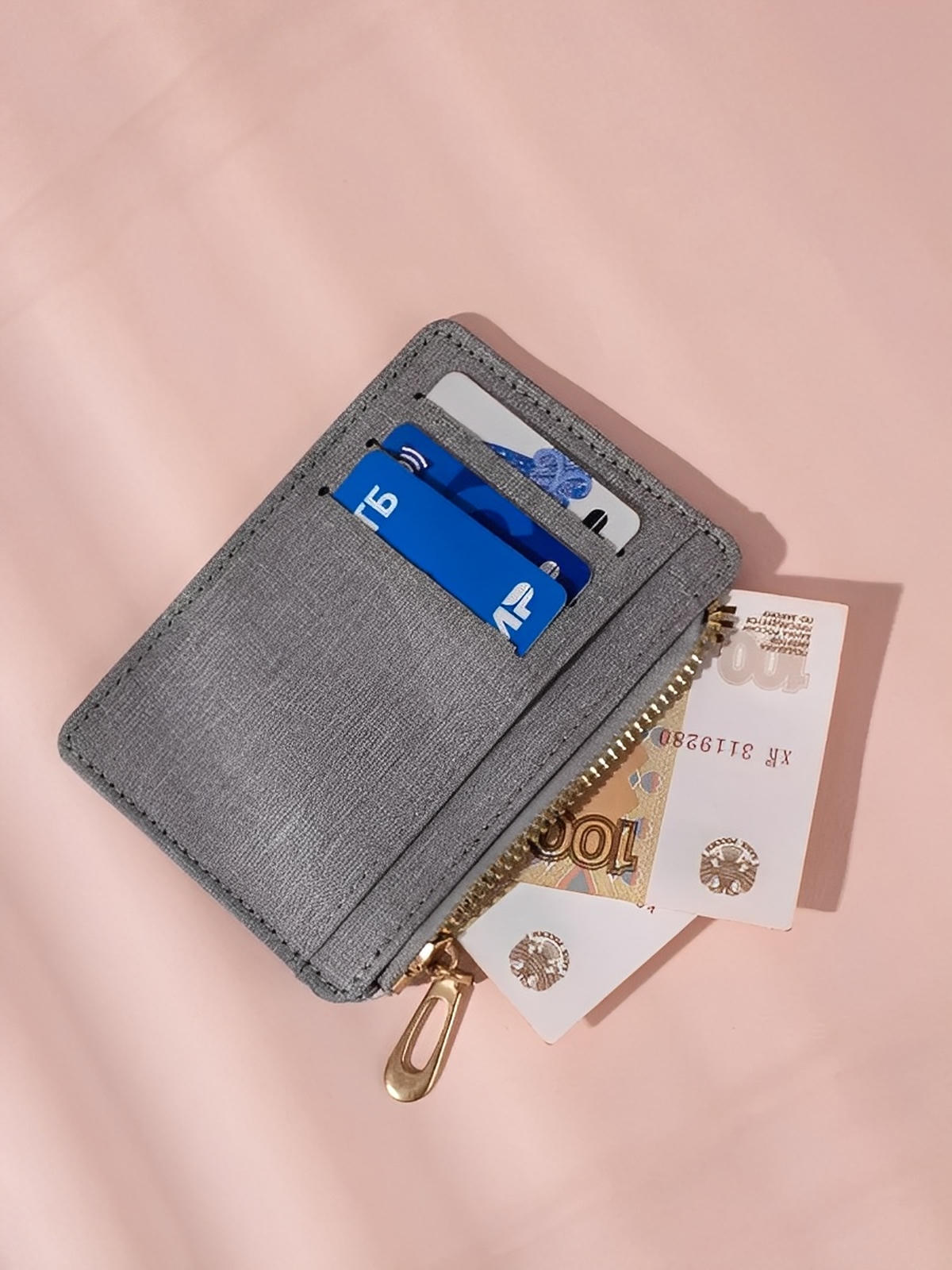 Kompakte Stoff-Geldbörse mit Reißverschluss, Unisex-Kartenetui, ultradünn, grau schwarz blau, Modell Zel