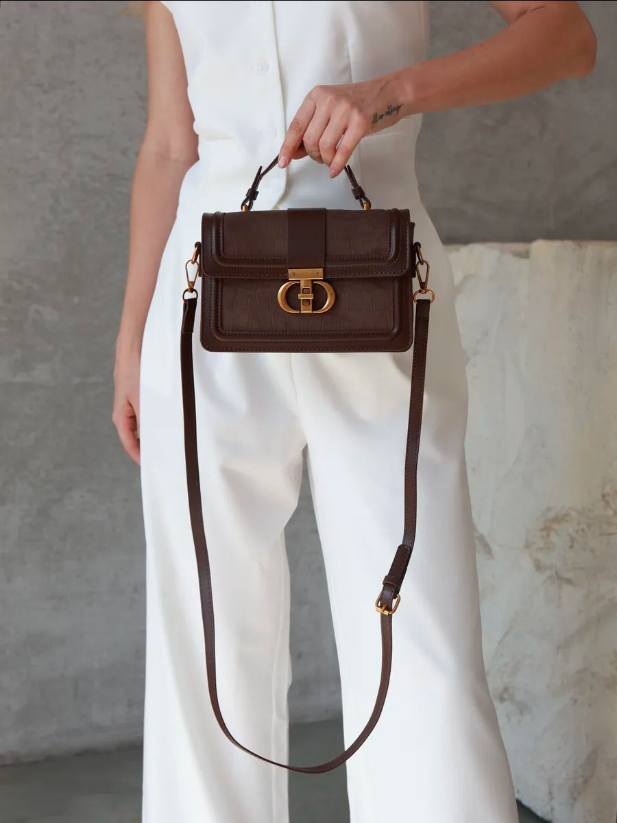 Borsa da donna effetto coccodrillo, borsa a tracolla elegante, borsa a spalla con chiusura dorata, stile moderno, modello Limona