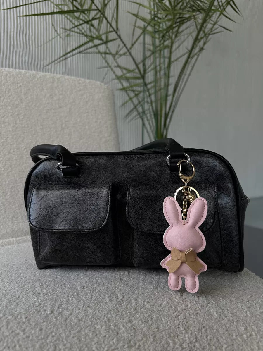 Rabbit bag charm, cute keychain, leather pompom, rabbit pendant, bag accessory, Lili model
