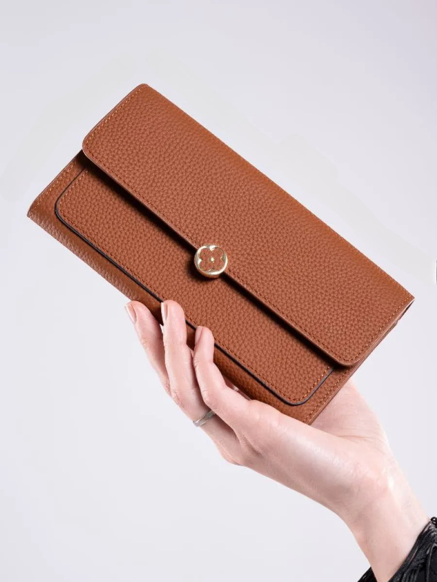 Portefeuille femme cuir, long format, bouton trèfle, multiples rangements, porte-cartes, porte-monnaie, modèle Armance