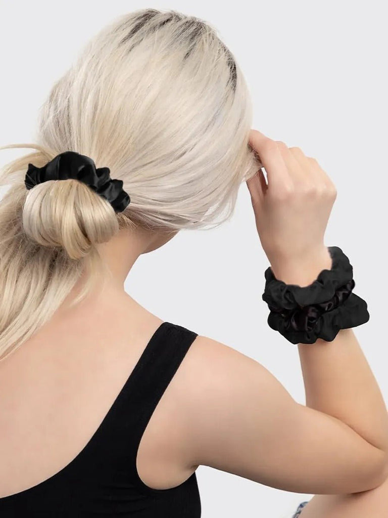 Lot de 5 chouchou en soie noir cheveux, accessoire coiffure femme, élastique cheveux satiné, scrunchie noir, chouchou mode, modèle Paudra - Chouchou - Noir