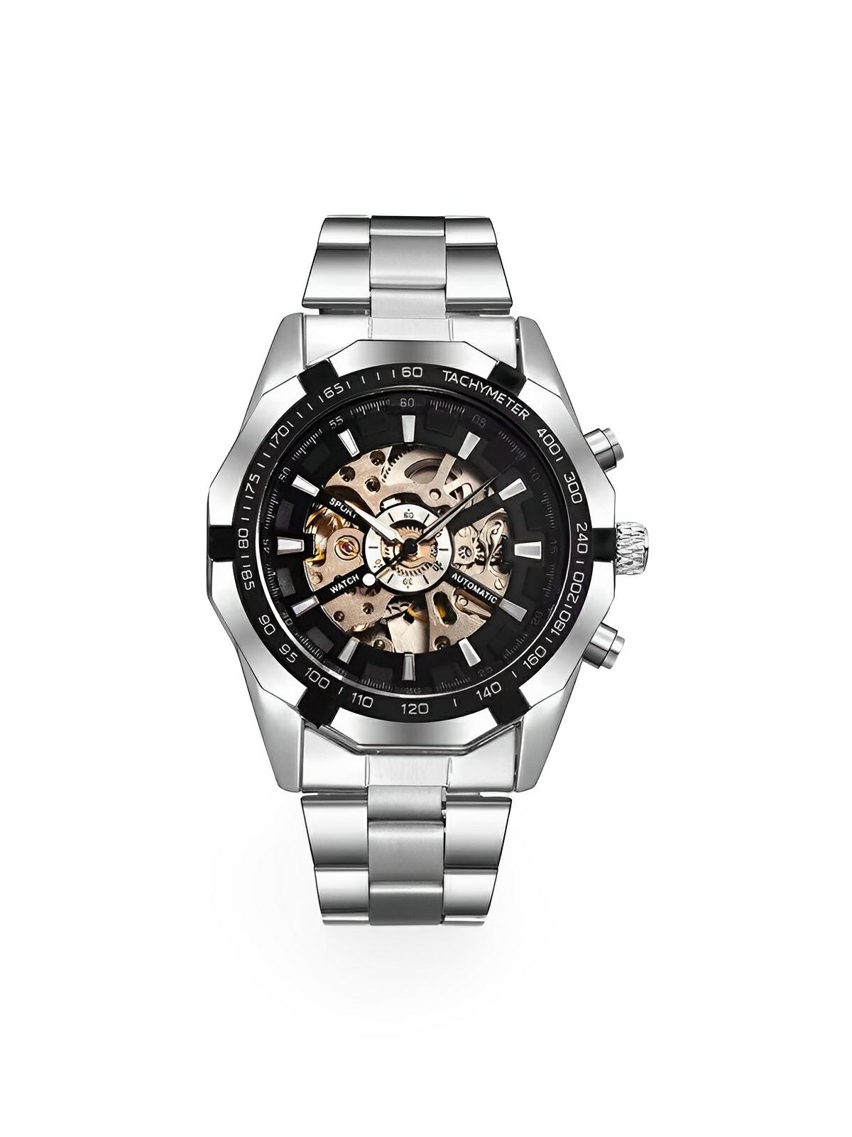 Montre automatique pour homme, squelette mécanique, cadran transparent, tachymètre, en acier inoxydable, modèle Sean - Montre - Argent et noir