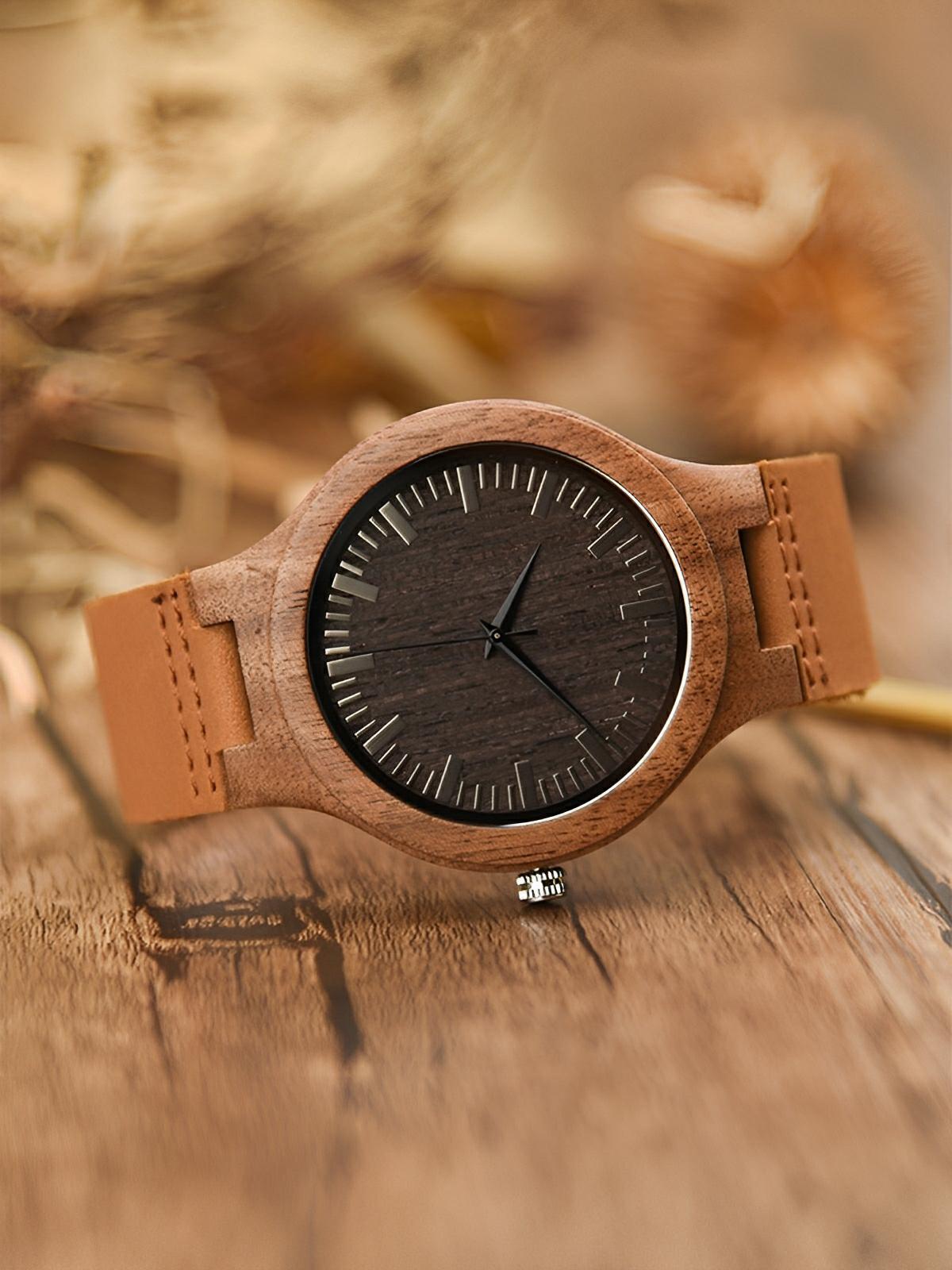 Montre en bois pour homme, cadran minimaliste, bracelet cuir, mouvement quartz, style naturel, modèle Énole - Montre - Noir