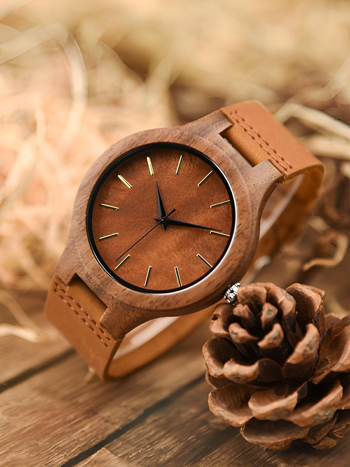 Montre en bois pour homme, cadran minimaliste, bracelet cuir, mouvement quartz, style naturel, modèle Énole - Montre - Marron