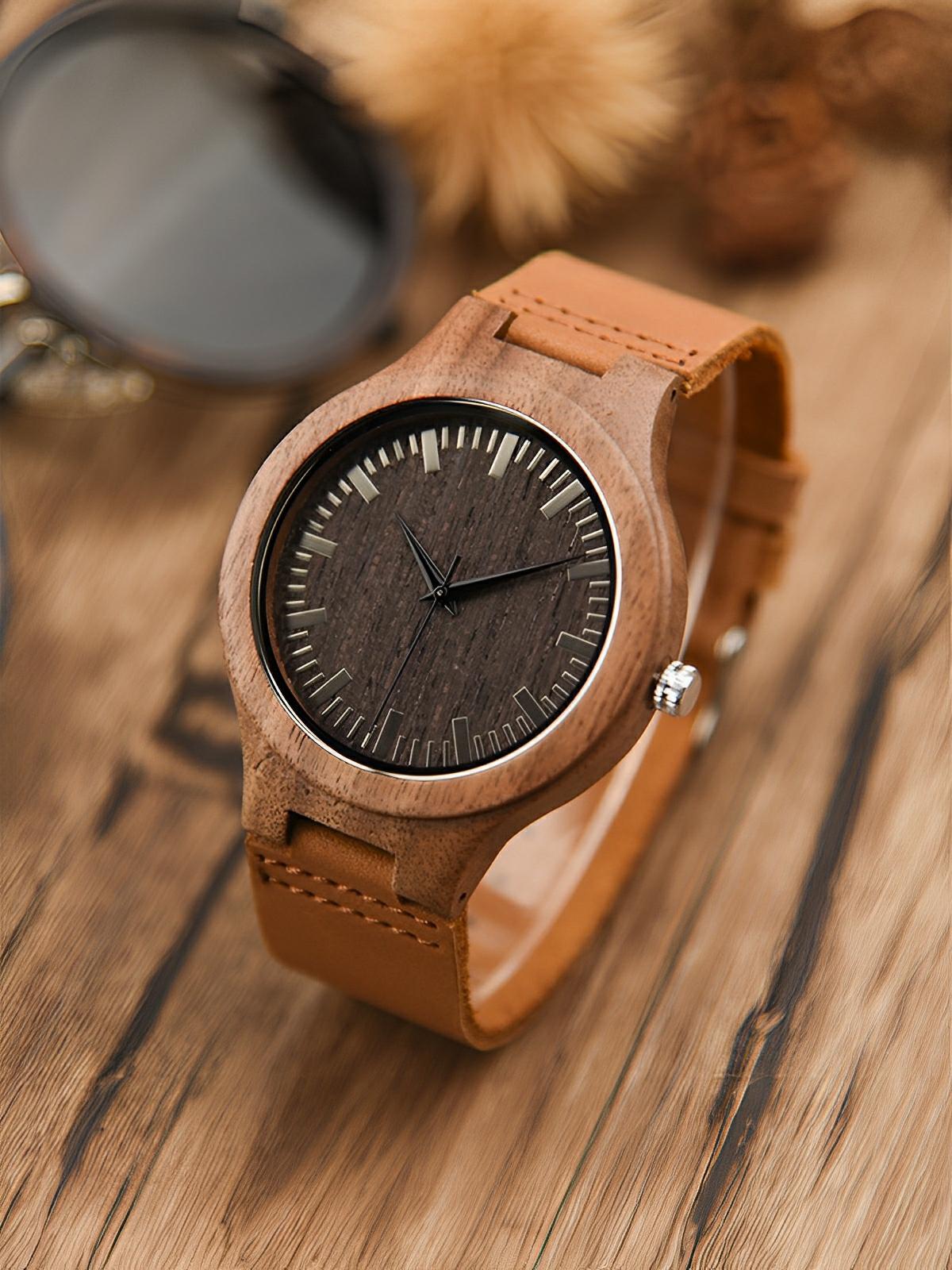 Montre en bois pour homme, cadran minimaliste, bracelet cuir, mouvement quartz, style naturel, modèle Énole - Montre - Noir