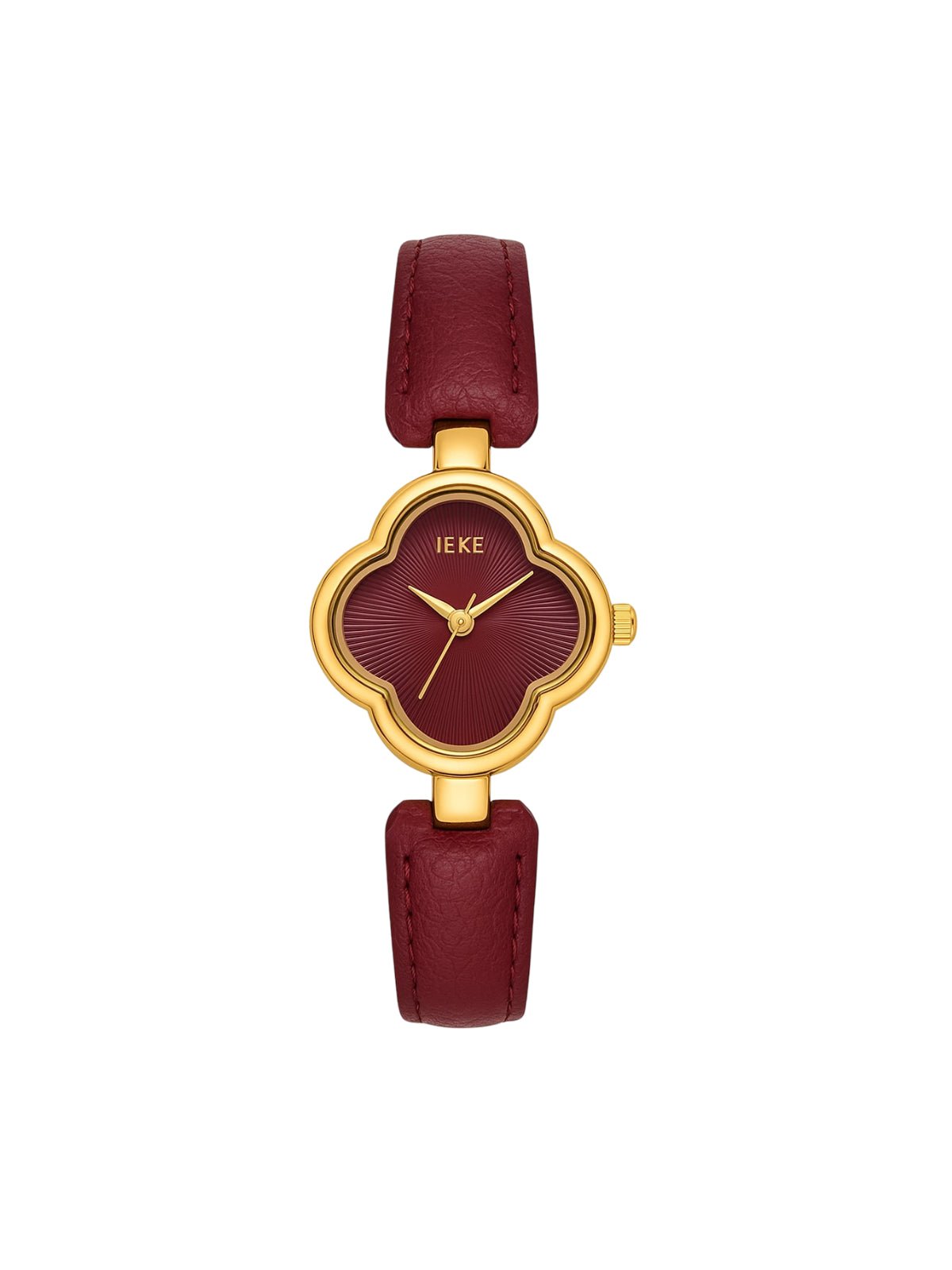 Montre femme bordeaux, cadran trèfle doré, bracelet cuir et acier, quartz japonais, accessoire chic, modèle Tissa - Montre - Bordeaux