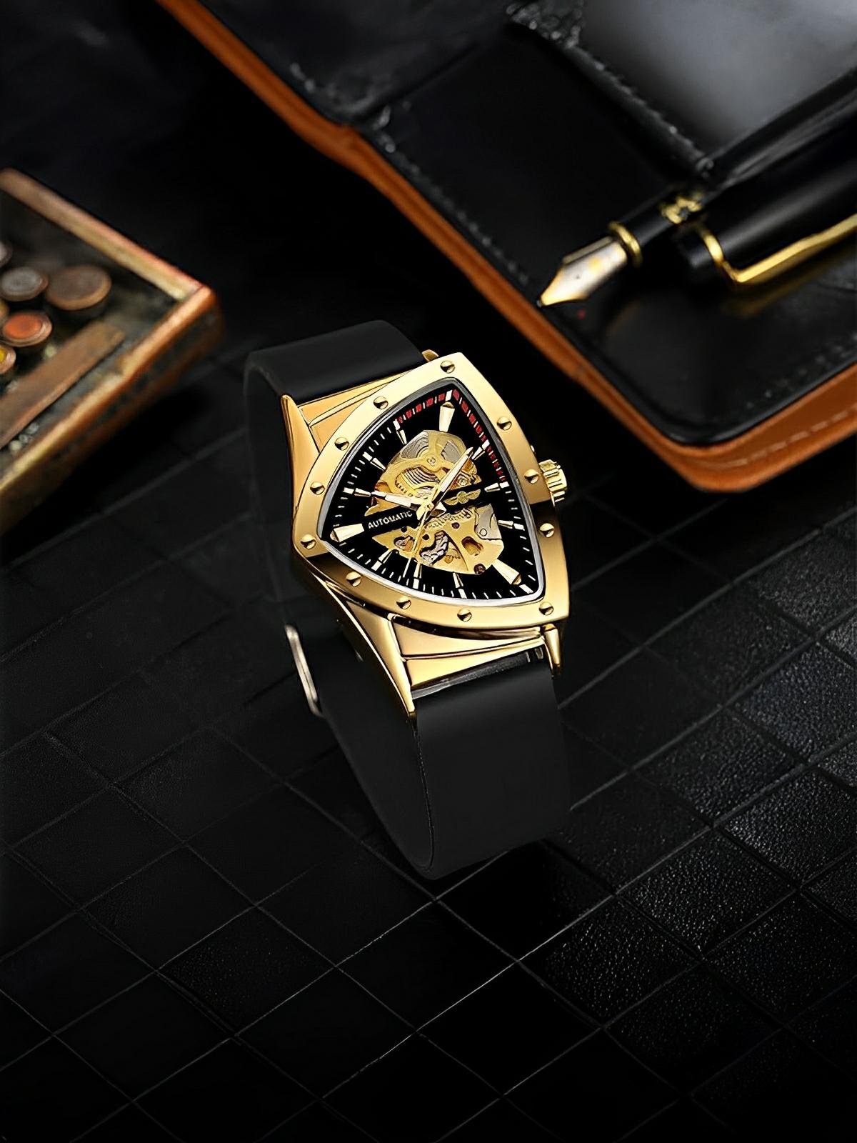 Montre homme automatique, boîtier triangulaire, cadran squelette, bracelet silicone, aiguilles luminescentes, modèle Karl - Montre - Or