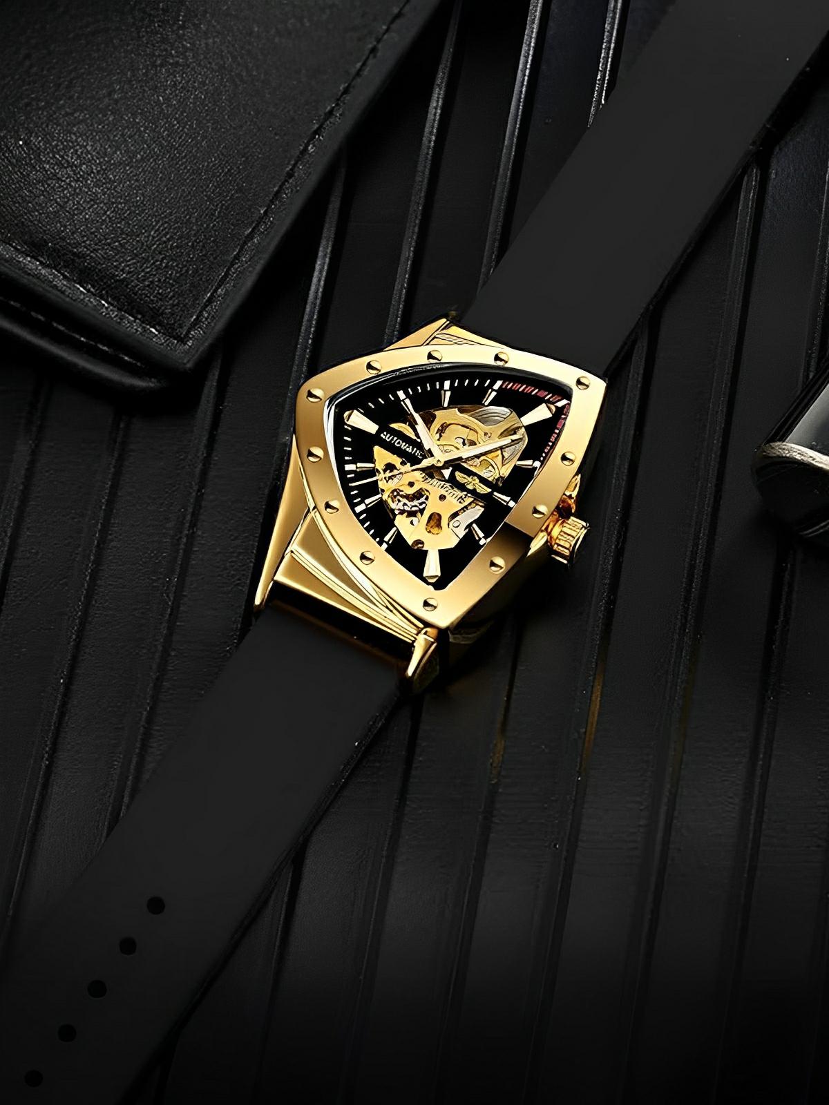 Montre homme automatique, boîtier triangulaire, cadran squelette, bracelet silicone, aiguilles luminescentes, modèle Karl - Montre - Or