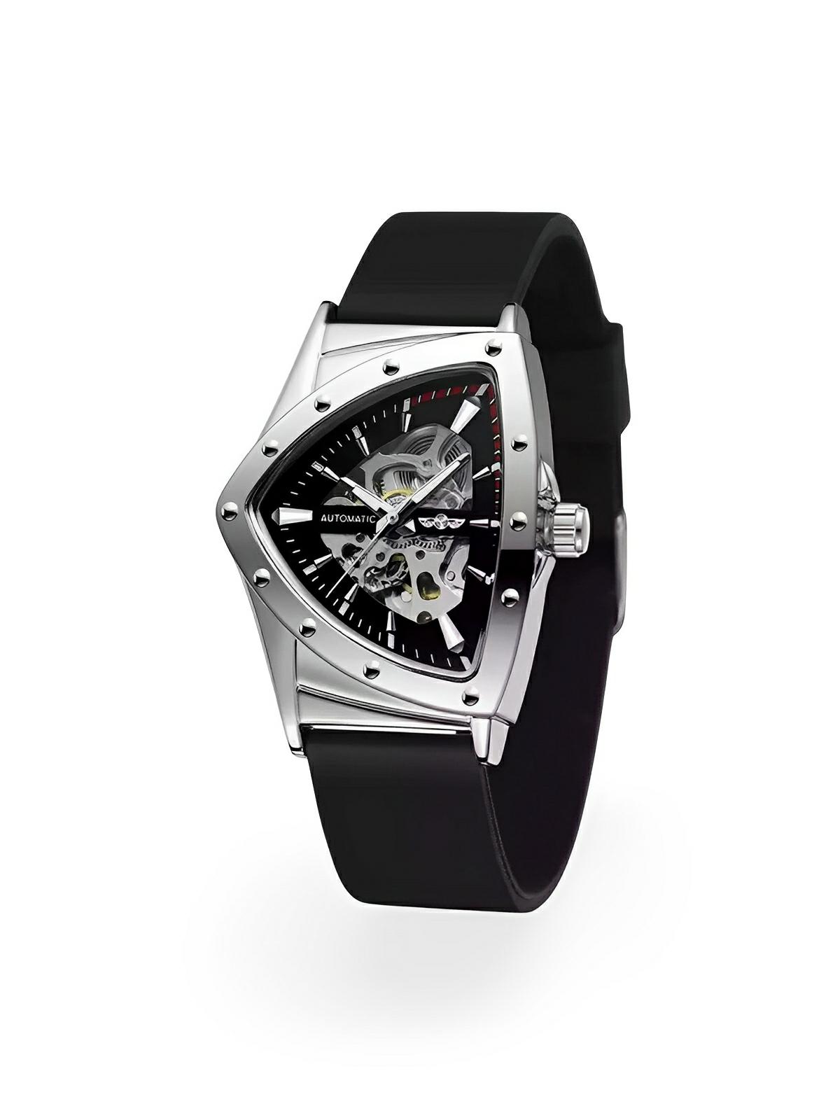 Montre homme automatique, boîtier triangulaire, cadran squelette, bracelet silicone, aiguilles luminescentes, modèle Karl - Montre - Argent