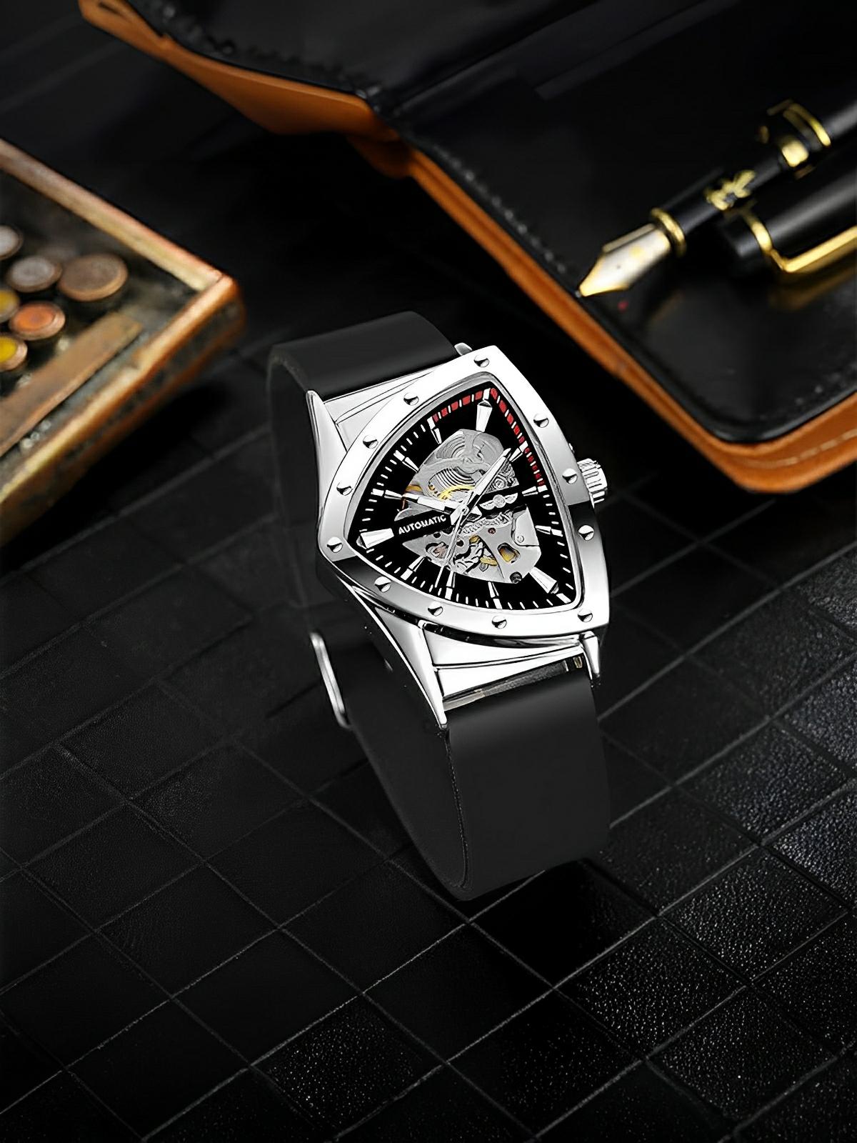 Montre homme automatique, boîtier triangulaire, cadran squelette, bracelet silicone, aiguilles luminescentes, modèle Karl - Montre - Argent