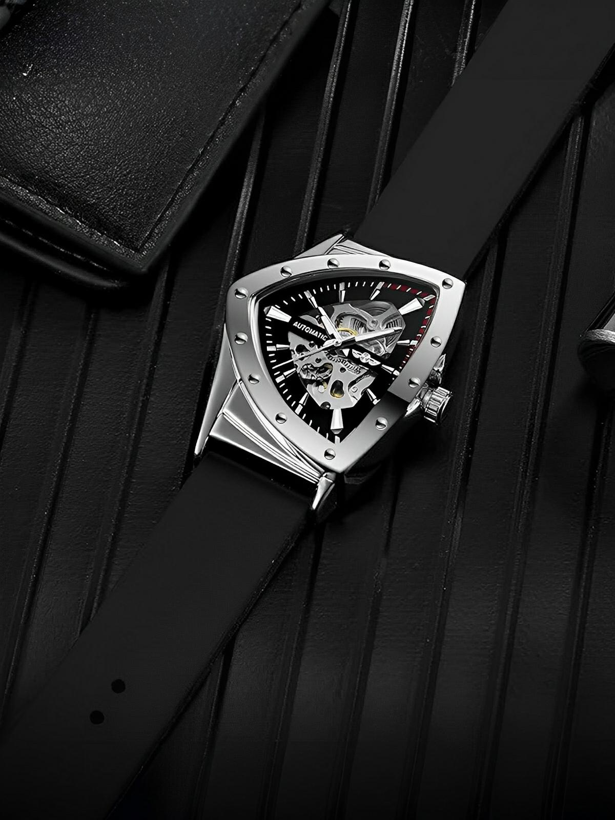 Montre homme automatique, boîtier triangulaire, cadran squelette, bracelet silicone, aiguilles luminescentes, modèle Karl - Montre - Argent