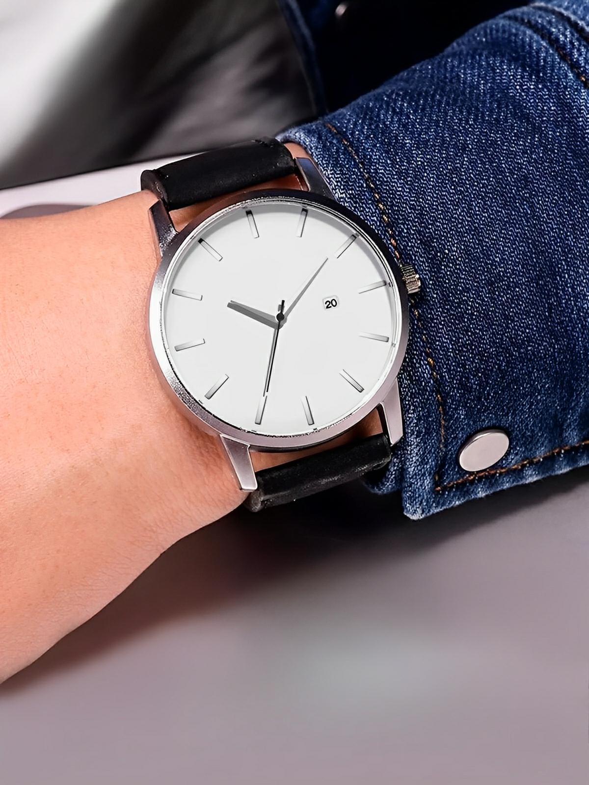 Montre homme quartz, cadran minimaliste, en simili vegan, avec affichage de date, modèle Kayl - Montre - Noir et blanc