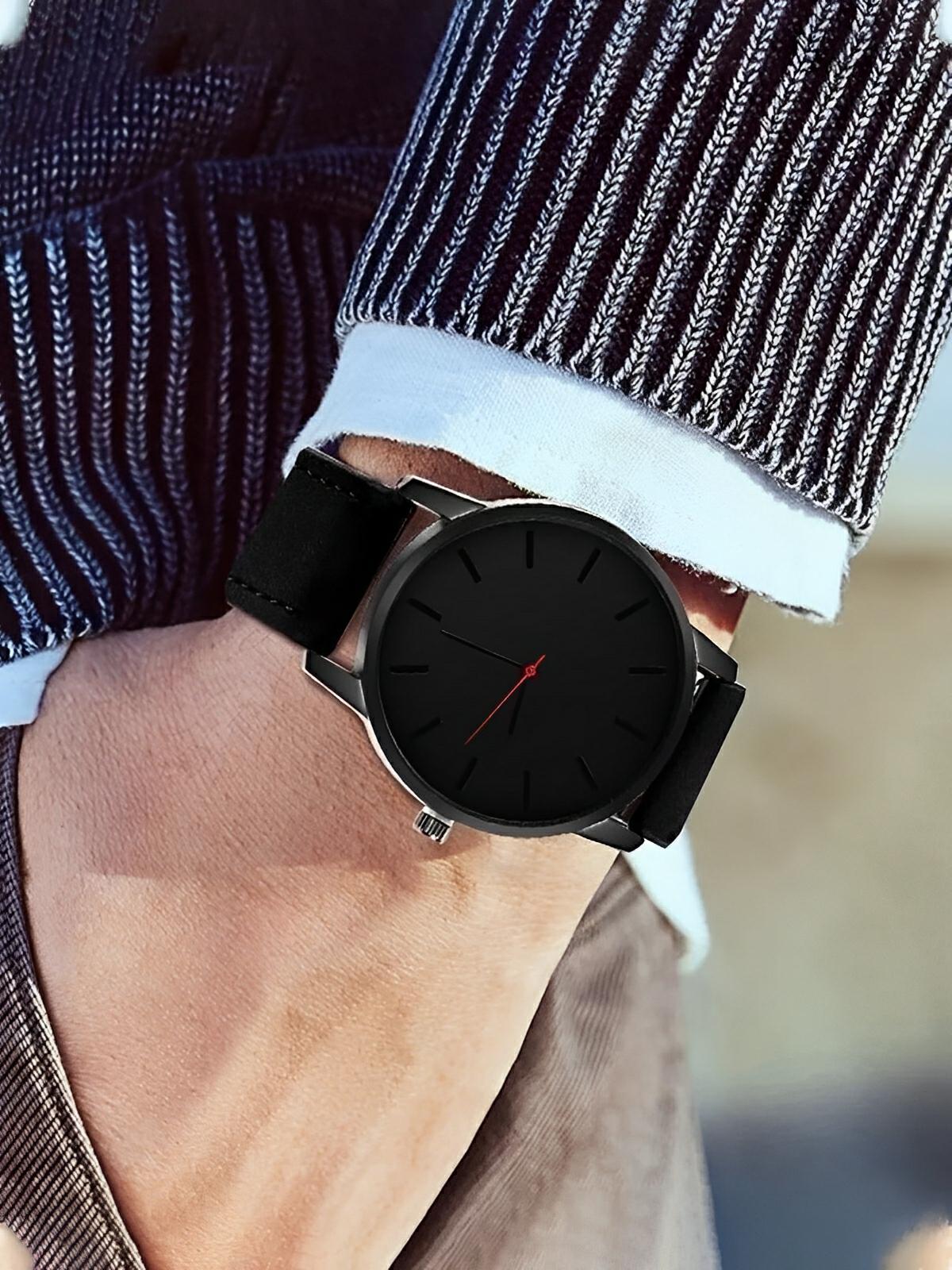 Montre homme quartz, cadran minimaliste, en simili vegan, avec affichage de date, modèle Kayl - Montre - Noir et noir
