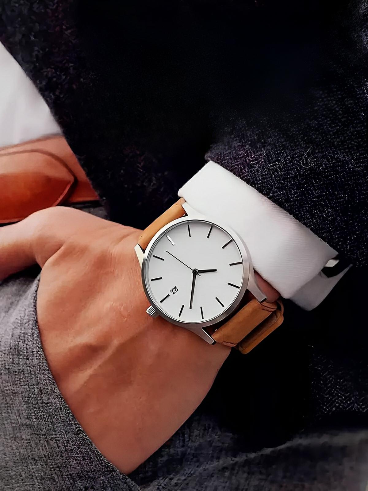 Montre homme quartz, cadran minimaliste, en simili vegan, avec affichage de date, modèle Kayl - Montre - Camel et blanc