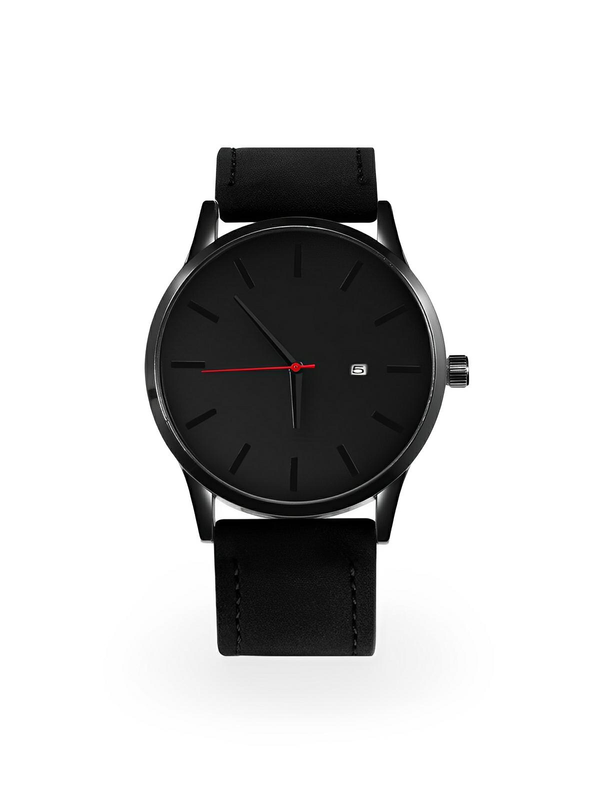 Montre homme quartz, cadran minimaliste, en simili vegan, avec affichage de date, modèle Kayl - Montre - Noir et noir