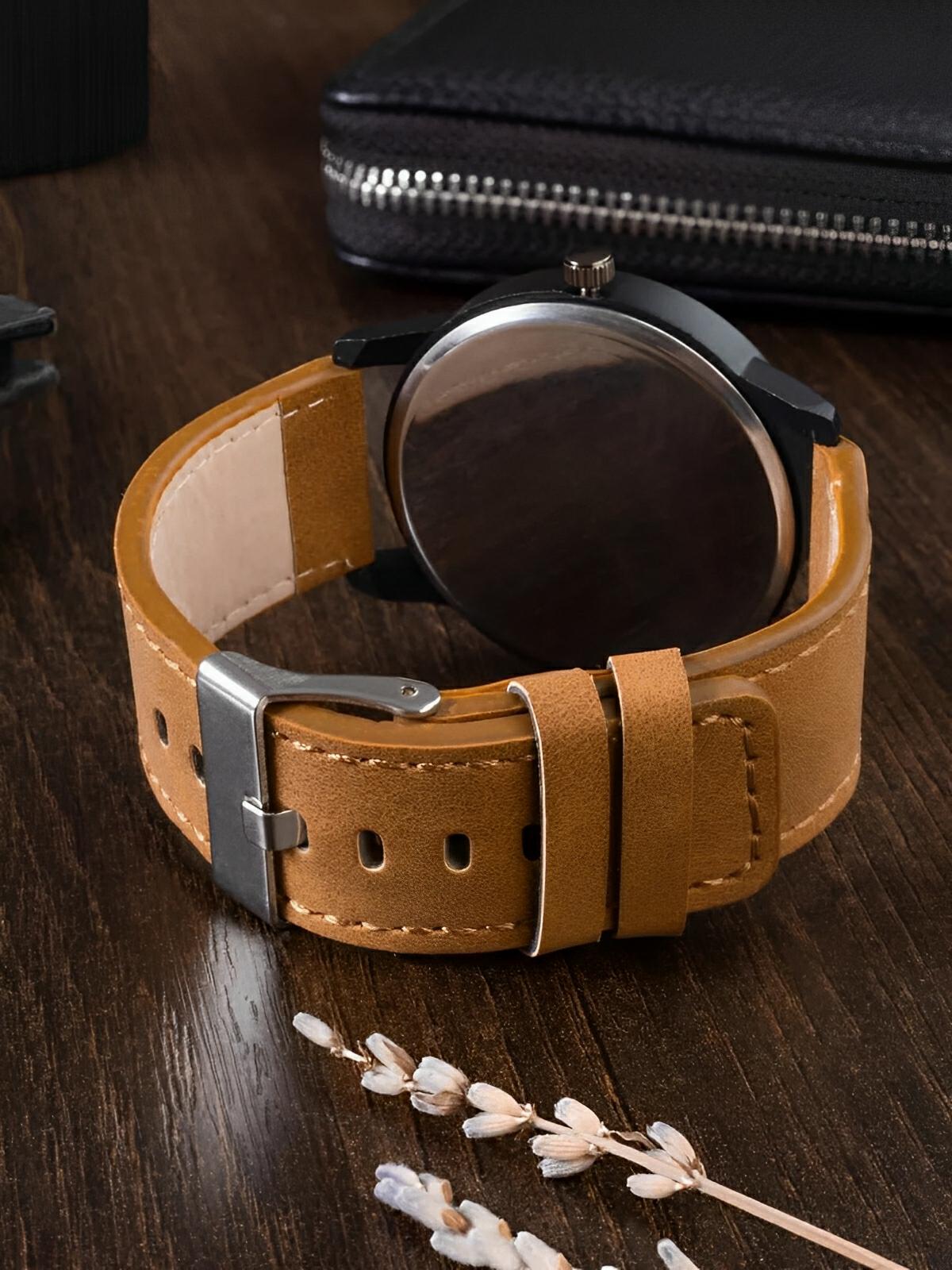Montre homme quartz, cadran minimaliste, en simili vegan, avec affichage de date, modèle Kayl - Montre - Marron et noir
