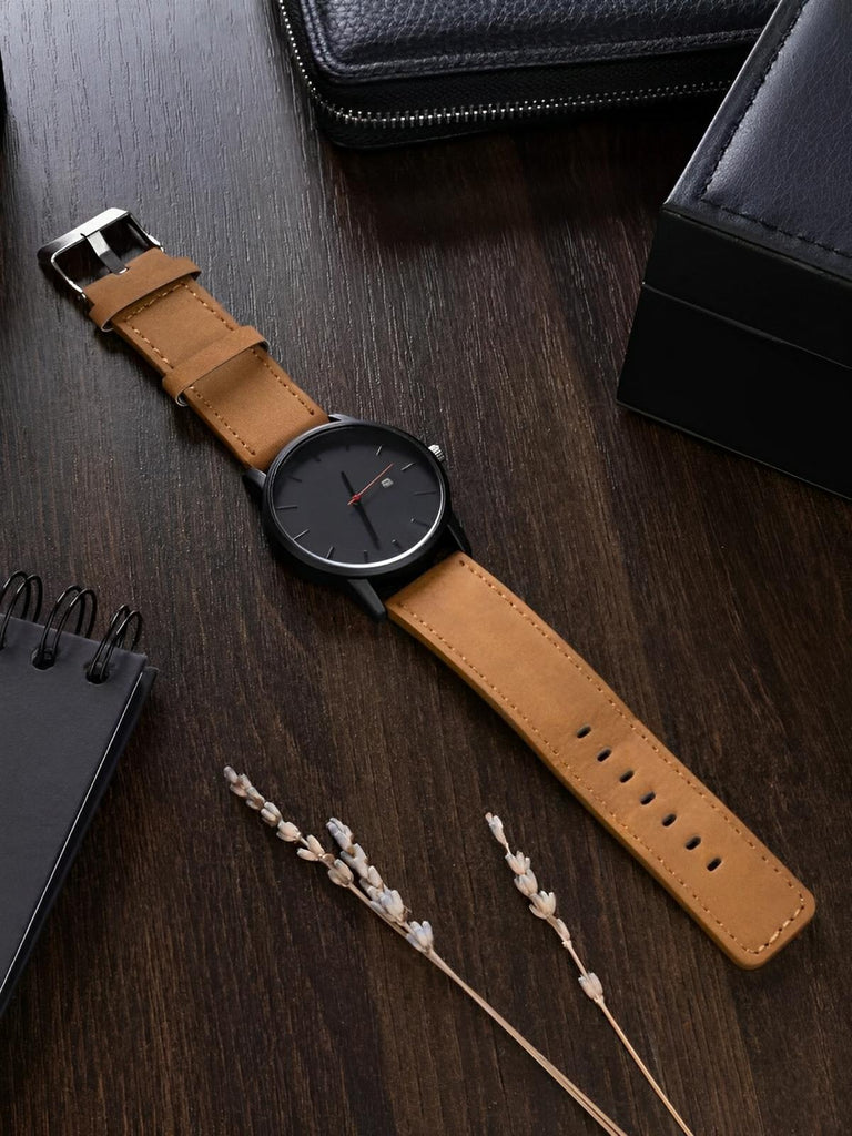 Montre homme quartz, cadran minimaliste, en simili vegan, avec affichage de date, modèle Kayl - Montre - Marron et noir