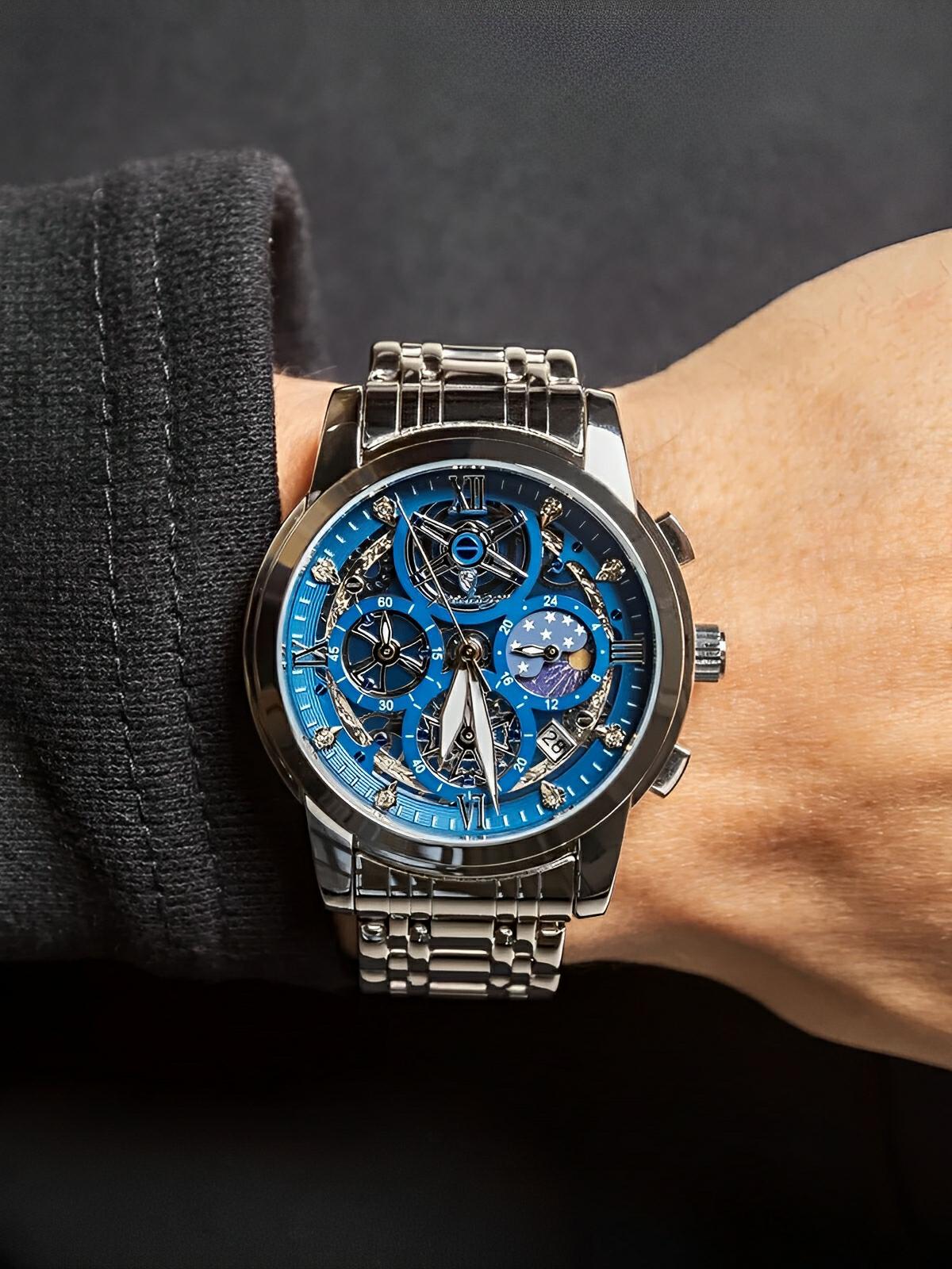 Montre homme squelette, chronographe, acier inoxydable, cadran bleu, en acier inoxydable, modèle Smith - Montre - Argent