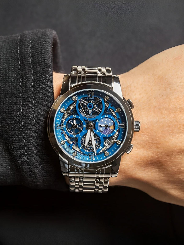 Montre homme squelette, chronographe, acier inoxydable, cadran bleu, en acier inoxydable, modèle Smith - Montre - Argent