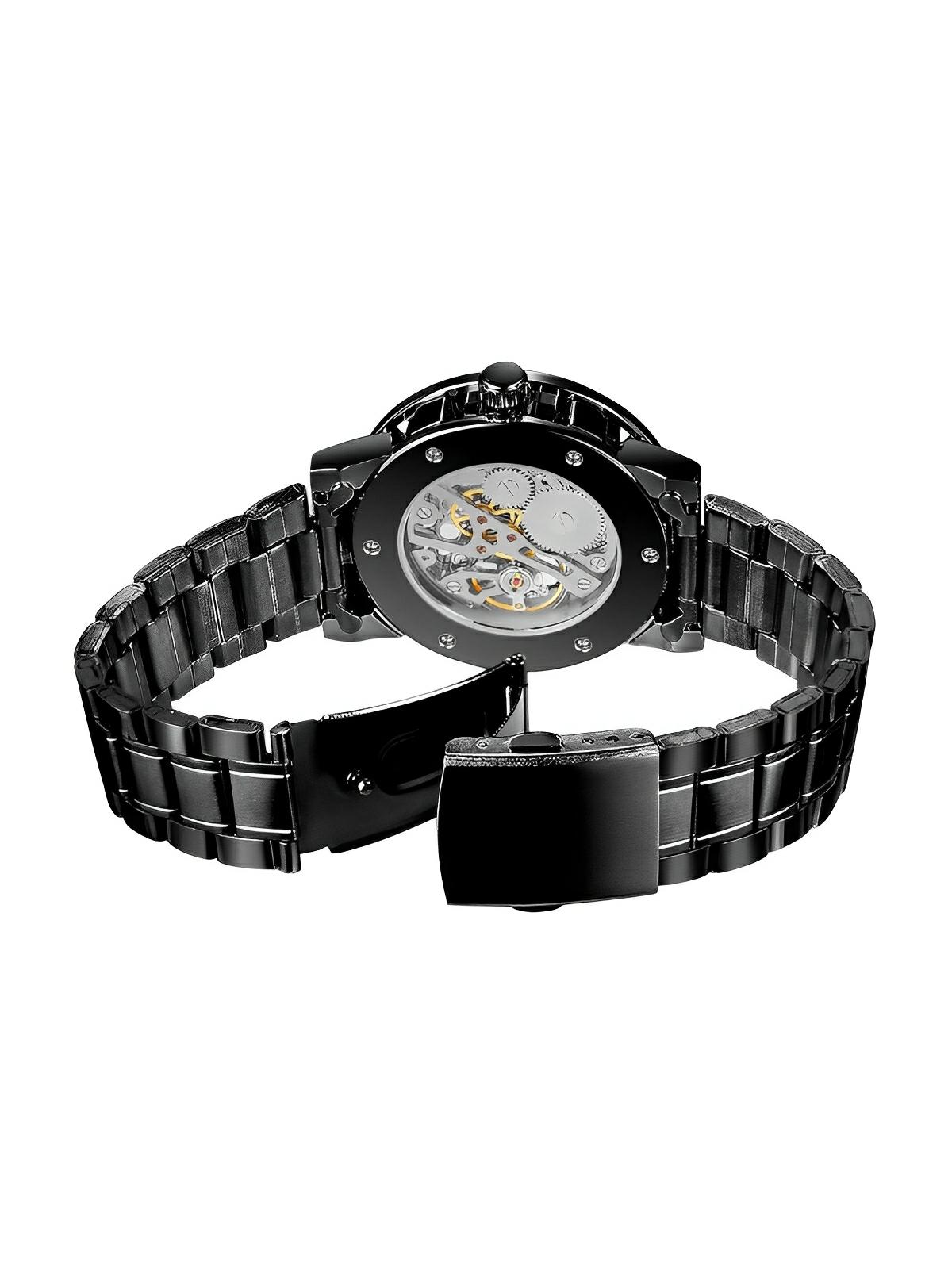 Montre mécanique squelette homme, mouvement automatique, cadran ajouré, bracelet acier, design luxueux, modèle Waylon - Montre - Noir