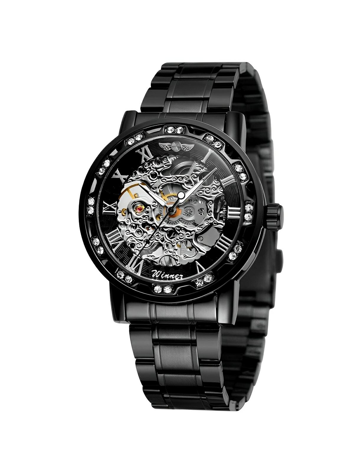 Montre mécanique squelette homme, mouvement automatique, cadran ajouré, bracelet acier, design luxueux, modèle Waylon - Montre - Noir