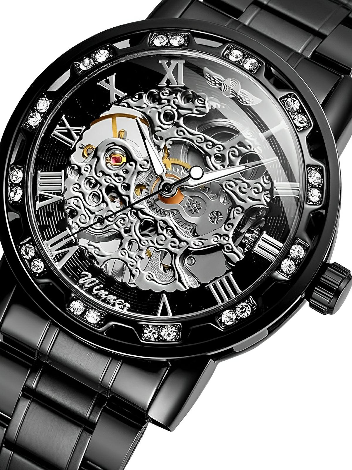 Montre mécanique squelette homme, mouvement automatique, cadran ajouré, bracelet acier, design luxueux, modèle Waylon - Montre - Noir