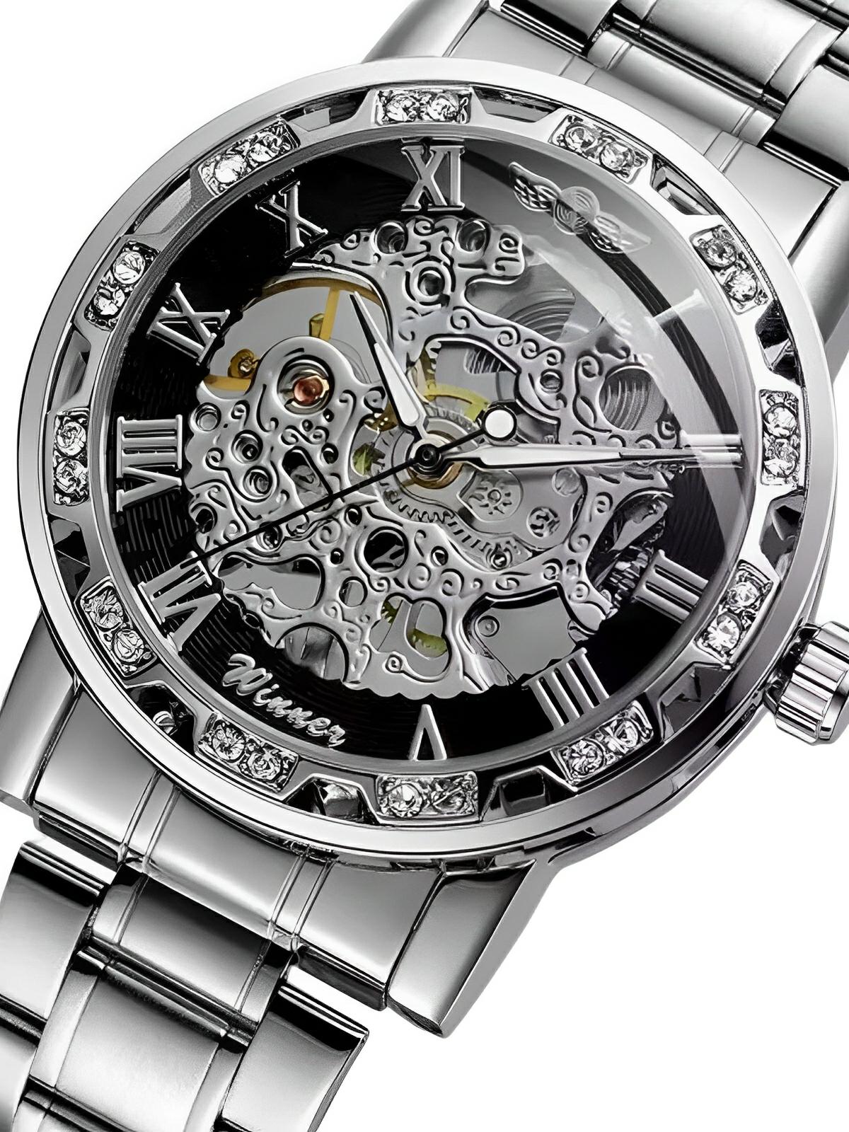 Montre mécanique squelette homme, mouvement automatique, cadran ajouré, bracelet acier, design luxueux, modèle Waylon - Montre - Argent et noir