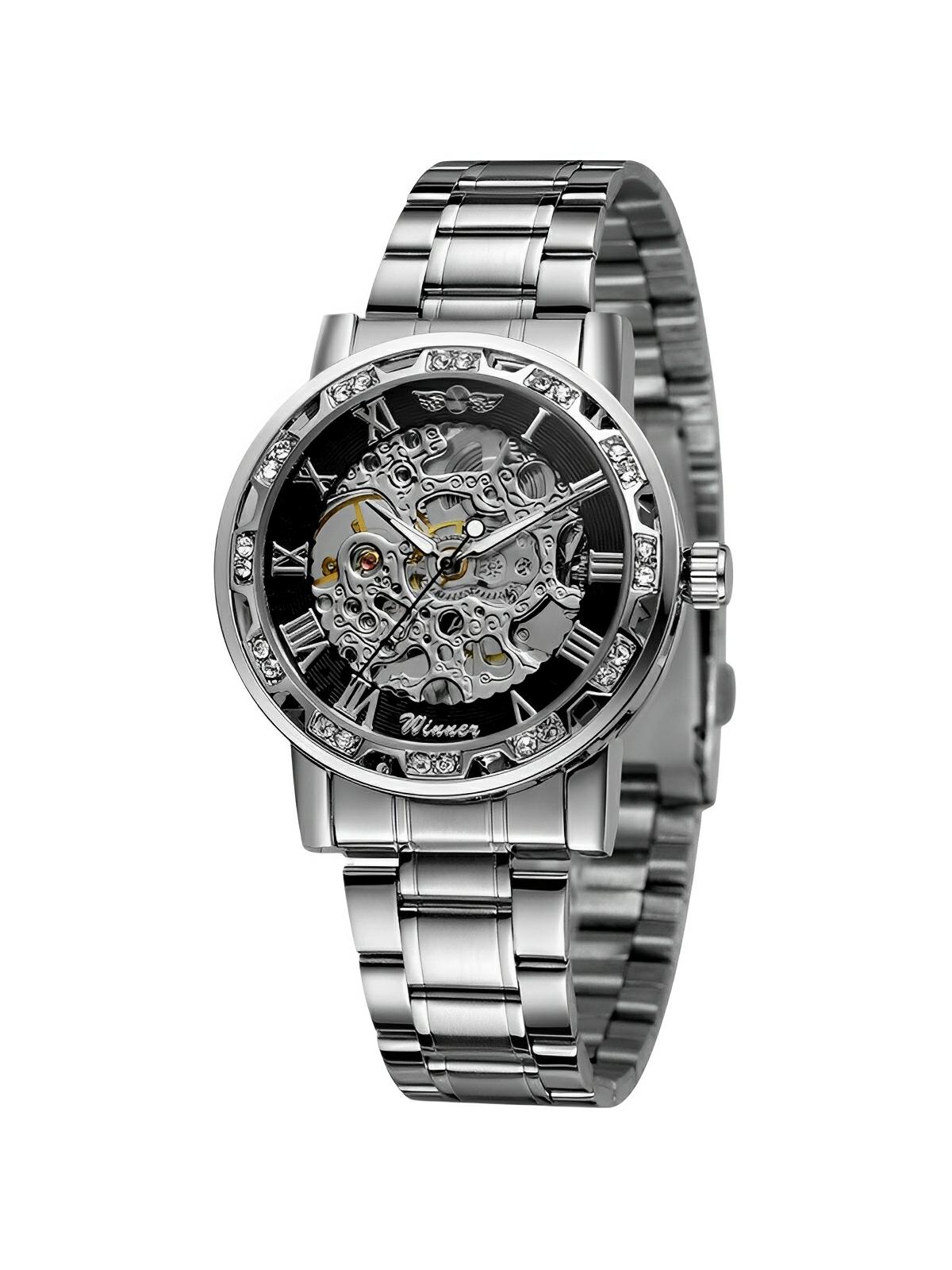 Montre mécanique squelette homme, mouvement automatique, cadran ajouré, bracelet acier, design luxueux, modèle Waylon - Montre - Argent et noir