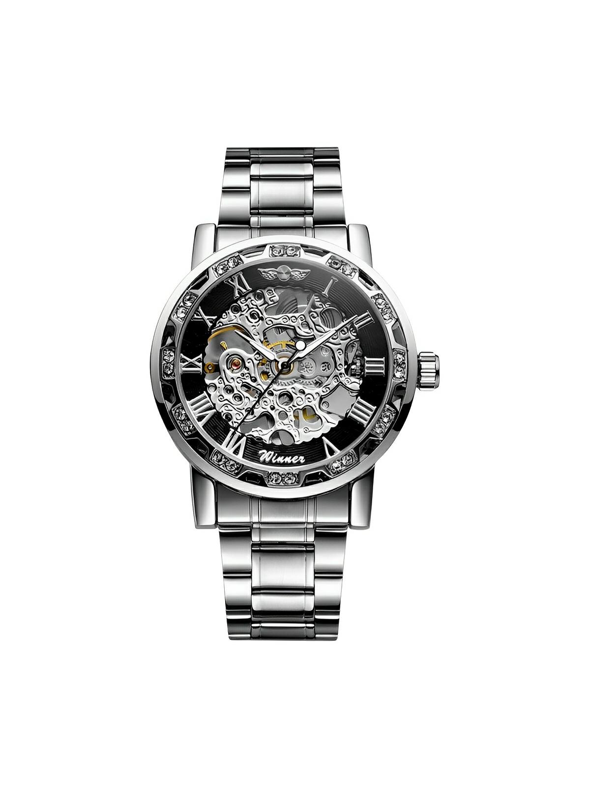 Montre mécanique squelette homme, mouvement automatique, cadran ajouré, bracelet acier, design luxueux, modèle Waylon - Montre - Argent et noir
