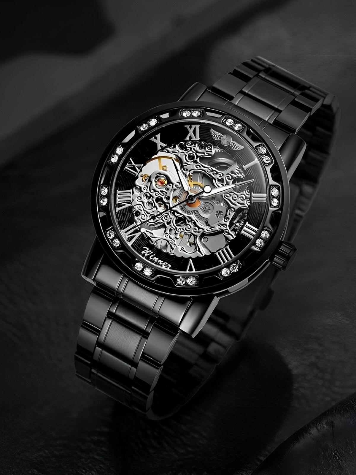 Montre mécanique squelette homme, mouvement automatique, cadran ajouré, bracelet acier, design luxueux, modèle Waylon - Montre - Noir