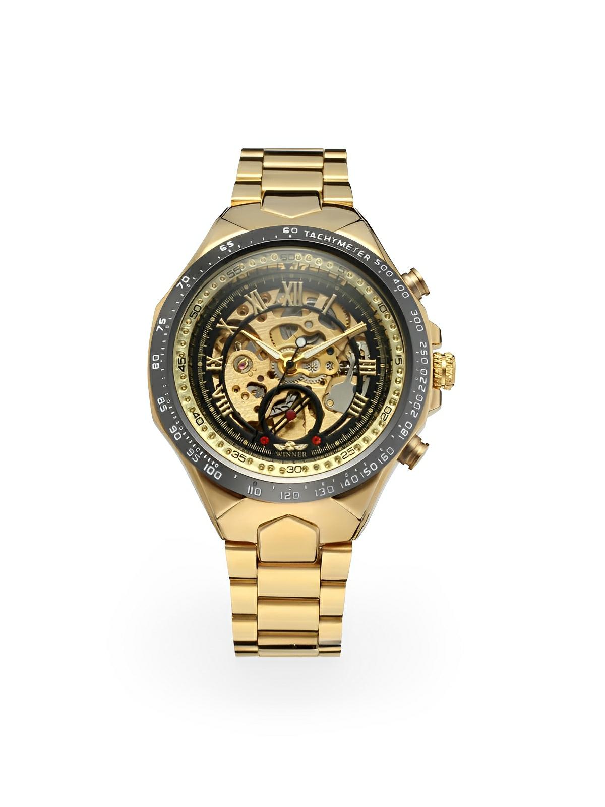 Montre squelette mécanique, cadran transparent, acier inoxydable, mouvement automatique, design luxueux, modèle Denzel - Montre - Or
