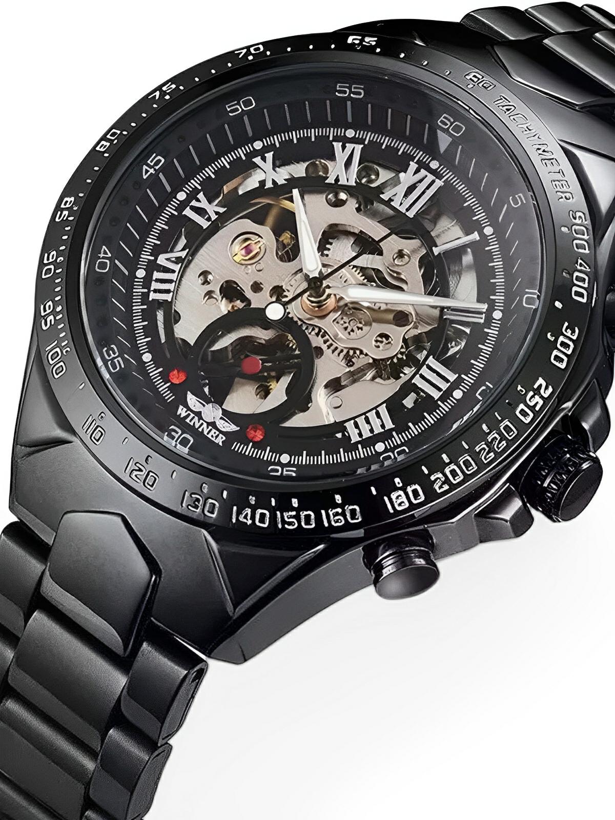Montre squelette mécanique, cadran transparent, acier inoxydable, mouvement automatique, design luxueux, modèle Denzel - Montre - Noir