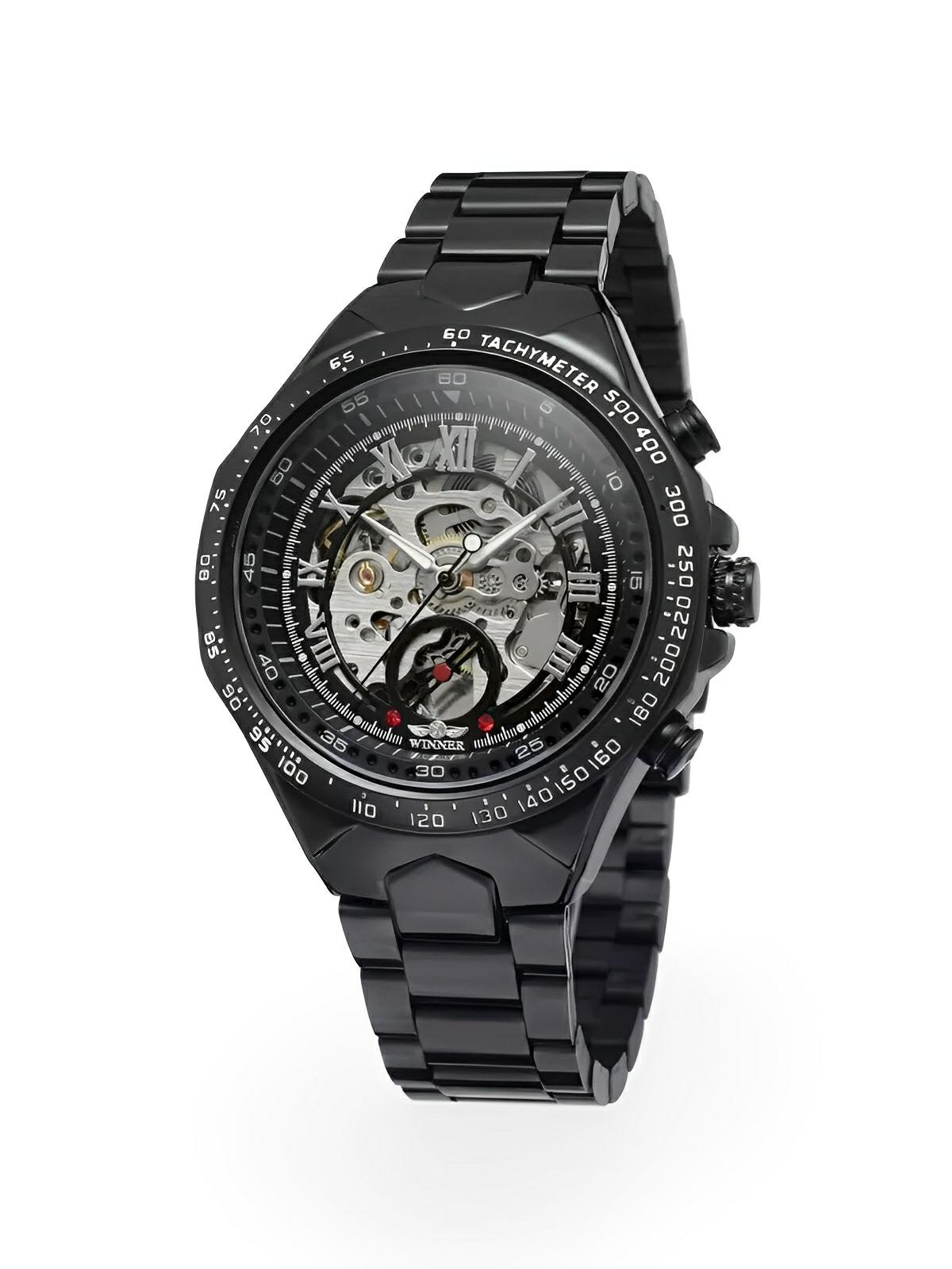Montre squelette mécanique, cadran transparent, acier inoxydable, mouvement automatique, design luxueux, modèle Denzel - Montre - Noir