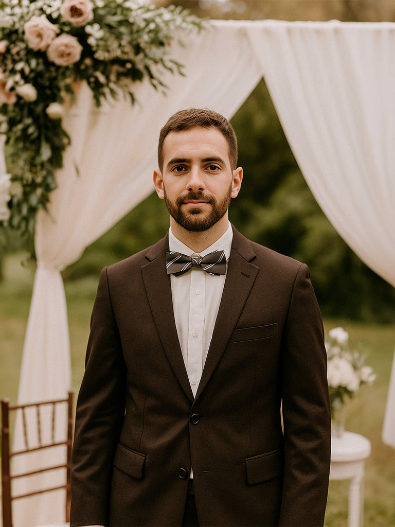 Nœud papillon à nouer marron rayé, accessoire homme chic, cérémonie ou bureau, motif rayure bleu crème, style classique et moderne, modèle Ben - Bonnets - Marron