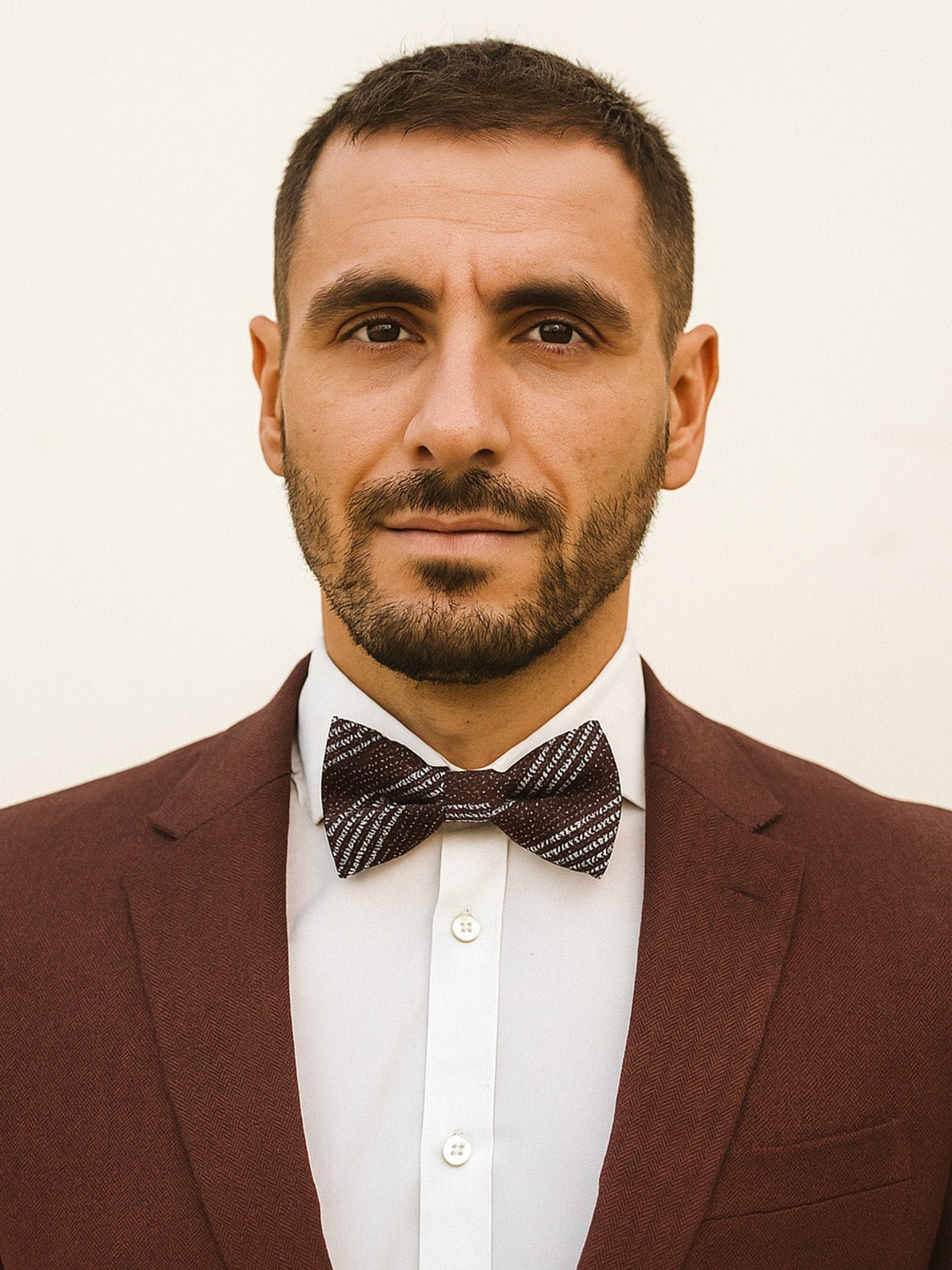 Nœud papillon homme bordeaux rayé, accessoire mariage chic, nœud papillon pré - noué rayures blanches, style business raffiné, nœud papillon coton et polyester confortable, modèle Amine - Bonnets - Bordeaux