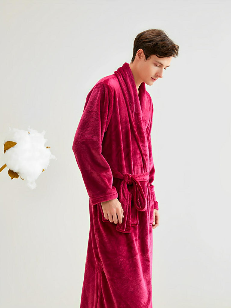 Peignoir flanelle épais, douceur cocooning, confort longue saison, ceinture ajustable, chaleur enveloppante, style unisexe, grande poche pratique, modèle Irmo - Peignoir - Rouge M