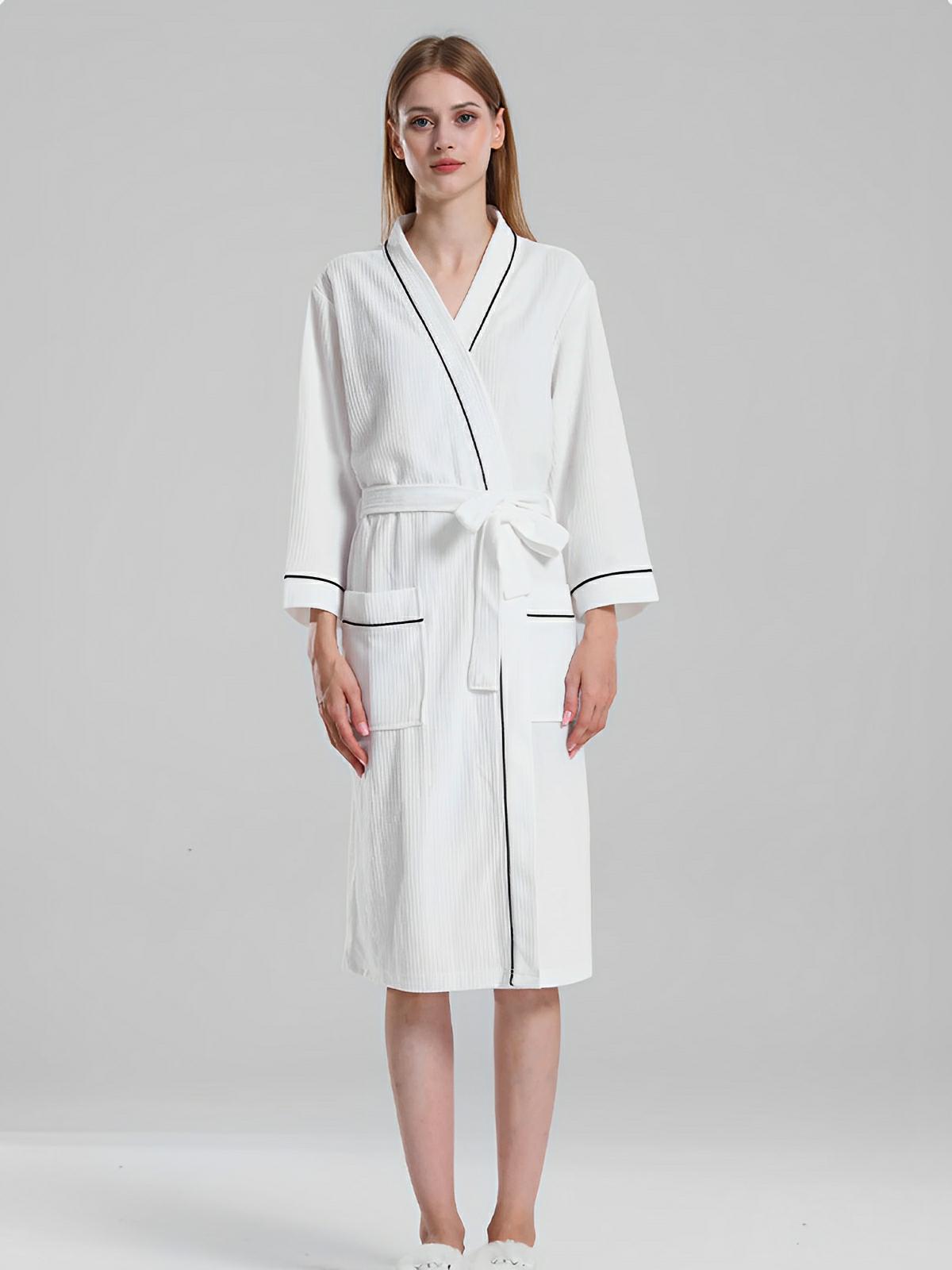 Peignoir homme femme, coton nid d'abeille doux, ceinture ajustable, poches pratiques, col en V moderne, peignoir long léger, peignoir bain confort, peignoir maison, modèle Lermi - Peignoir - Blanc M