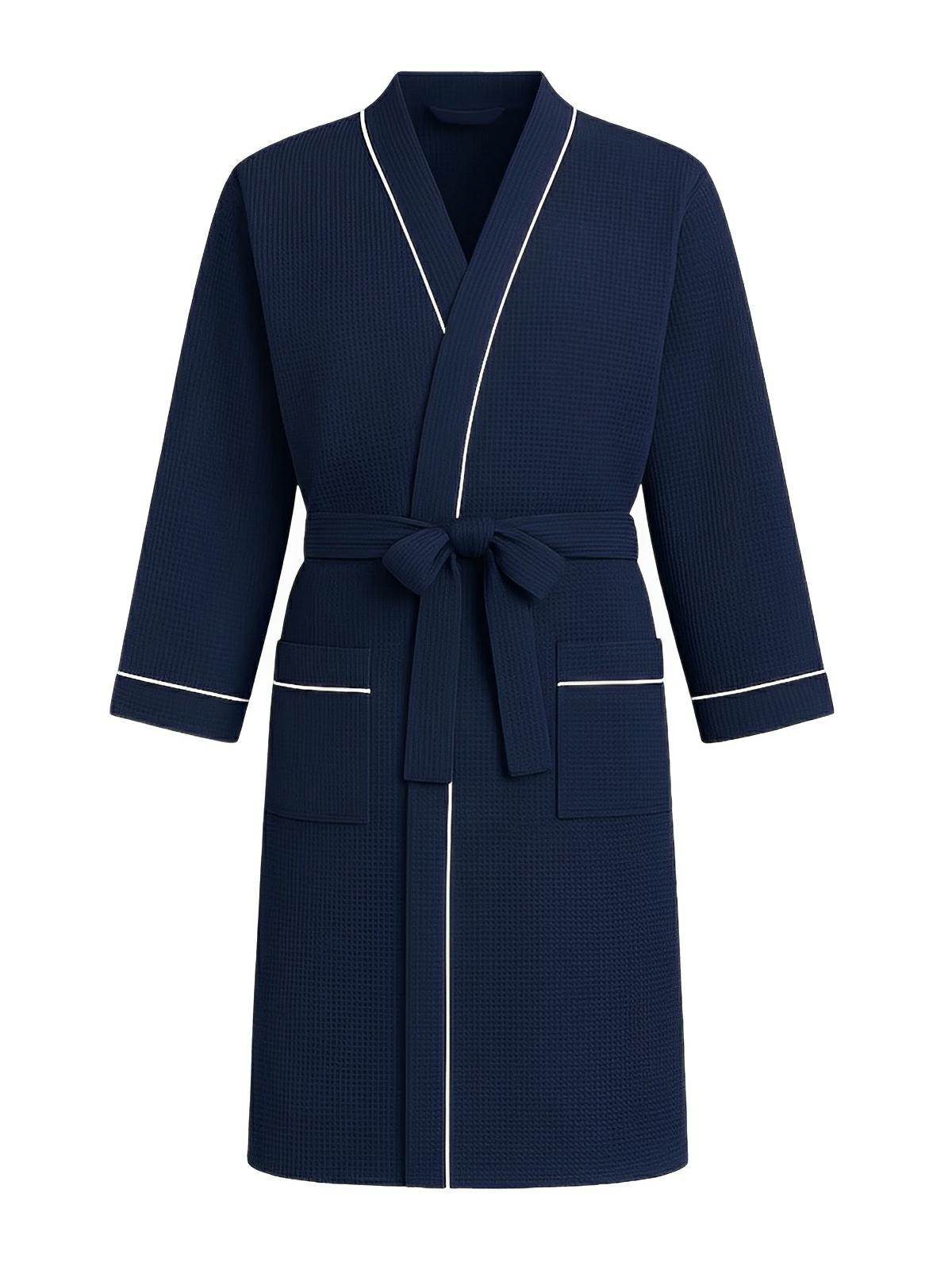 Peignoir homme femme, coton nid d'abeille doux, ceinture ajustable, poches pratiques, col en V moderne, peignoir long léger, peignoir bain confort, peignoir maison, modèle Lermi - Peignoir - Bleu marine M