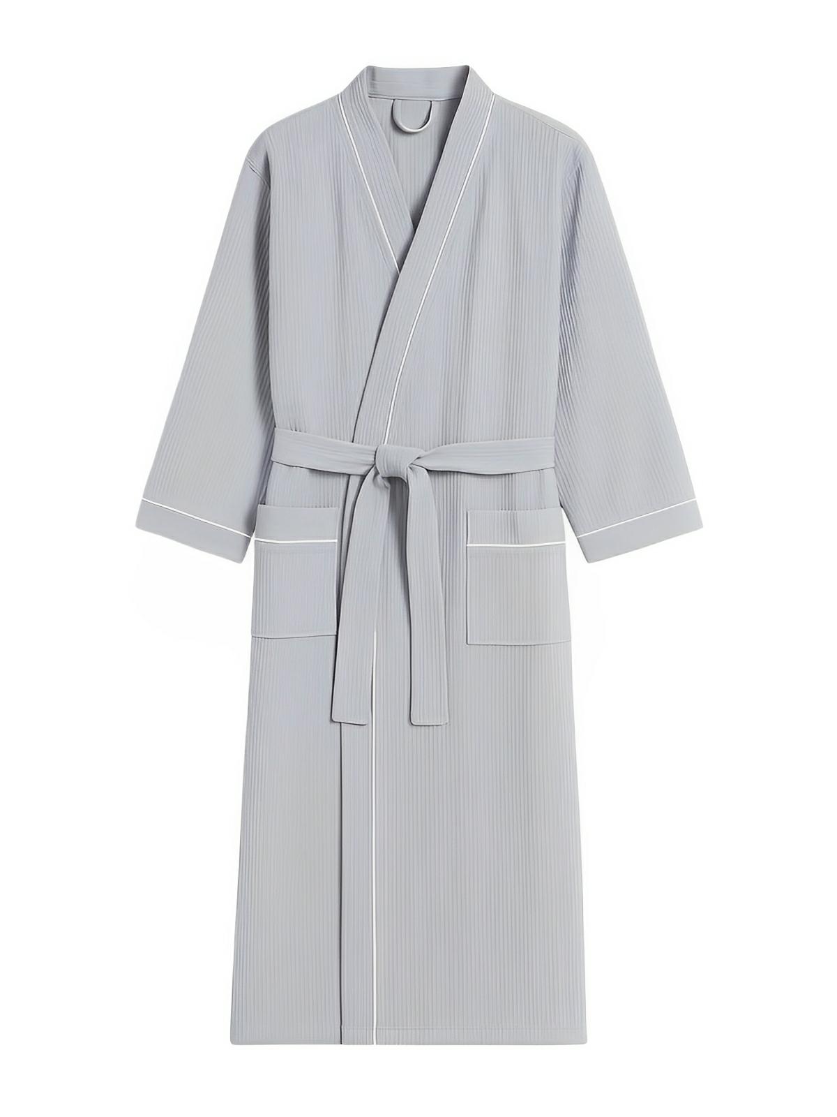 Peignoir homme femme, coton nid d'abeille doux, ceinture ajustable, poches pratiques, col en V moderne, peignoir long léger, peignoir bain confort, peignoir maison, modèle Lermi - Peignoir - Gris M