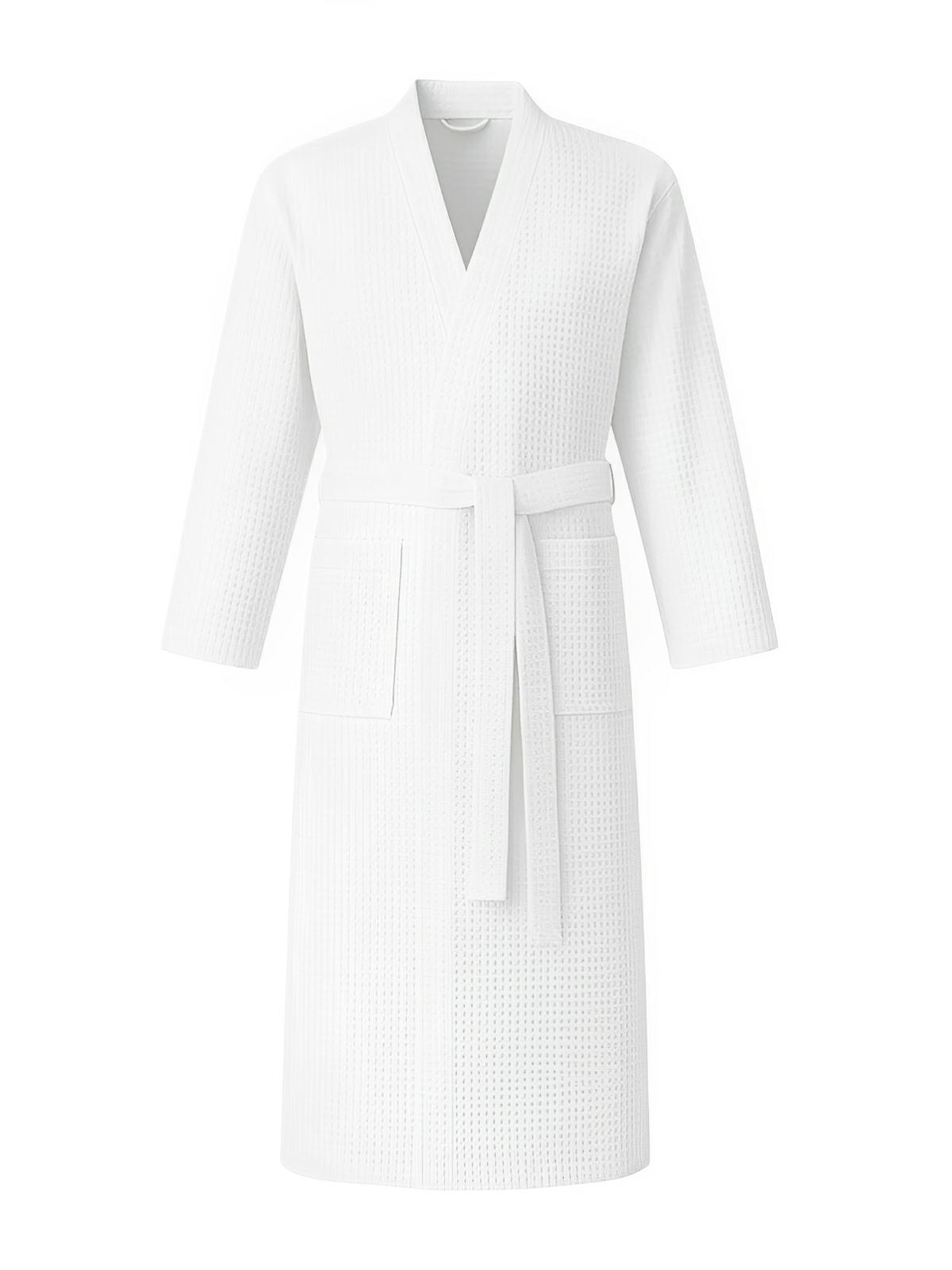 Peignoir homme femme, coupe longue, léger absorbant, effet nid d'abeille, ceinture réglable, confort après bain, nombreuses couleurs, modèle Talède - Peignoir - Blanc M