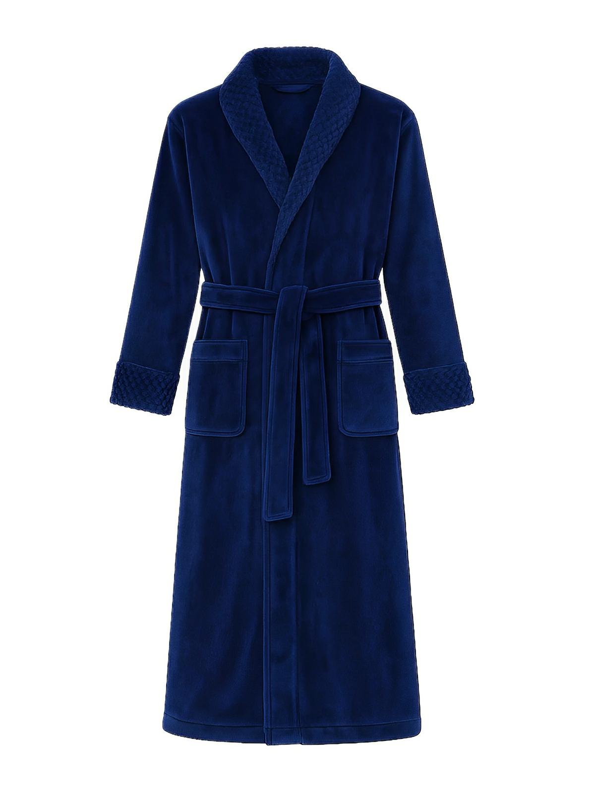 Peignoir long en flanelle ultra douce, modèle mixte, confort chaud pour l’hiver, ceinture à nouer, poches pratiques, col châle raffiné, modèle Porta - Peignoir - Bleu marine M