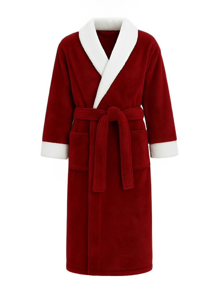 Peignoir polaire doux, peignoir long mixte hiver, ceinture amovible, col châle contrasté, poches pratiques, confort cocooning, plusieurs couleurs, modèle Cassiope - Peignoir - Bordeaux M