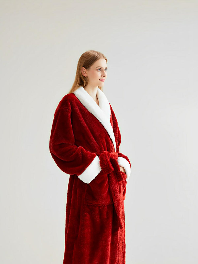 Peignoir polaire doux, peignoir long mixte hiver, ceinture amovible, col châle contrasté, poches pratiques, confort cocooning, plusieurs couleurs, modèle Cassiope - Peignoir - Bordeaux M