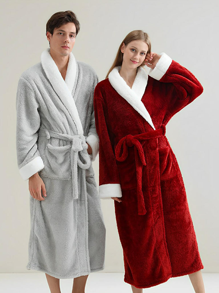 Peignoir polaire doux, peignoir long mixte hiver, ceinture amovible, col châle contrasté, poches pratiques, confort cocooning, plusieurs couleurs, modèle Cassiope - Peignoir - Bordeaux M