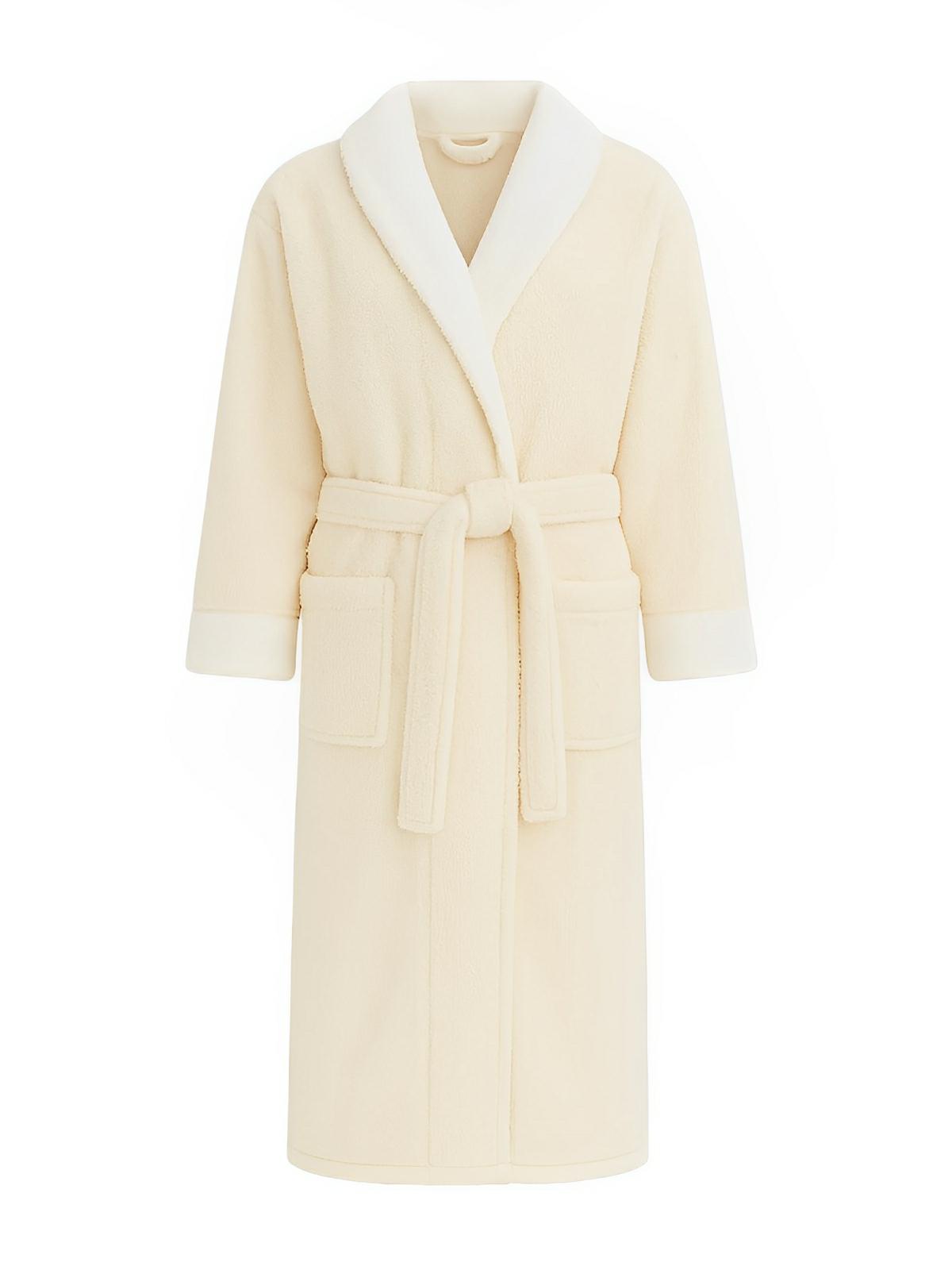 Peignoir polaire doux, peignoir long mixte hiver, ceinture amovible, col châle contrasté, poches pratiques, confort cocooning, plusieurs couleurs, modèle Cassiope - Peignoir - Beige M