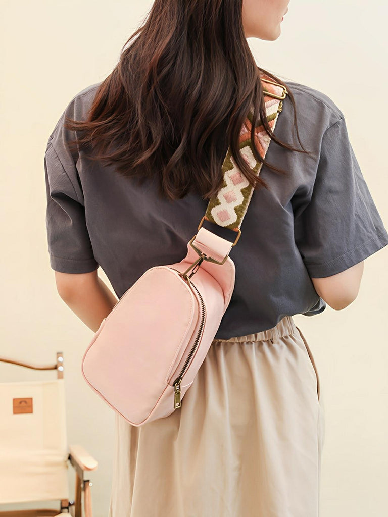 Petit sac bandoulière femme, sac de poitrine compact, style bohème, sangle large réglable, fermeture, modèle Vida - Sac Bandoulière - Rose